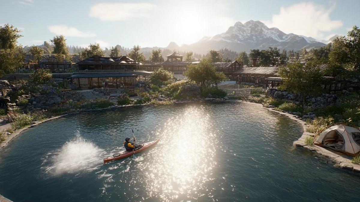 Scene of an exciting adventure on the water, dawn, calm surface of the lake, bright sun rays breaking through tall trees, dense forest around, two kayakers in bright life jackets rowing slowly, low mountains can be seen in the distance, the reflection of mountains and forests in the mirror surface of the water, a tent on the shore with a lit fire and neatly folded equipment, morning fog spreading across the water, light ripples around the kayaks, clear blue sky with rare clouds, an atmosphere of calm tranquility, realistic details, soft shadows and warm light, the weather is warm, ideal for an early morning in nature .