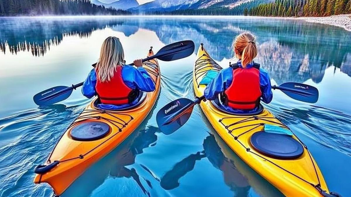 Scene of an exciting adventure on the water, dawn, calm surface of the lake, bright sun rays breaking through tall trees, dense forest around, two kayakers in bright life jackets rowing slowly, low mountains can be seen in the distance, the reflection of mountains and forests in the mirror surface of the water, a tent on the shore with a lit fire and neatly folded equipment, morning fog spreading across the water, light ripples around the kayaks, clear blue sky with rare clouds, an atmosphere of calm tranquility, realistic details, soft shadows and warm light, the weather is warm, ideal for an early morning in nature .