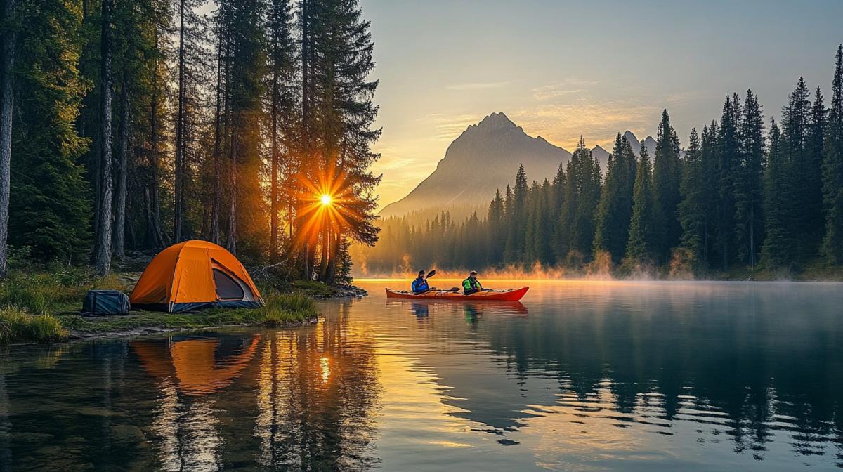 Scene of an exciting adventure on the water, dawn, calm surface of the lake, bright sun rays breaking through tall trees, dense forest around, two kayakers in bright life jackets rowing slowly, low mountains can be seen in the distance, the reflection of mountains and forests in the mirror surface of the water, a tent on the shore with a lit fire and neatly folded equipment, morning fog spreading across the water, light ripples around the kayaks, a clear blue sky with rare clouds, an atmosphere of calm tranquility, realistically drawn details, soft shadows and warm light. Photo masterpiece, Grand Prix at the photo discovery exhibition.