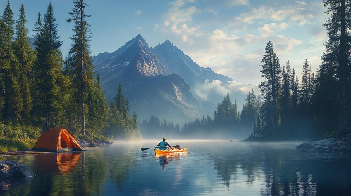 Scene of an exciting adventure on the water, dawn, calm surface of the lake, bright sun rays breaking through tall trees, dense forest around, two kayakers in bright life jackets rowing slowly, low mountains can be seen in the distance, the reflection of mountains and forests in the mirror surface of the water, a tent on the shore with a lit fire and neatly folded equipment, morning fog spreading across the water, light ripples around the kayaks, a clear blue sky with rare clouds, an atmosphere of calm tranquility, realistically drawn details, soft shadows and warm light. Photo masterpiece, Grand Prix at the photo discovery exhibition.