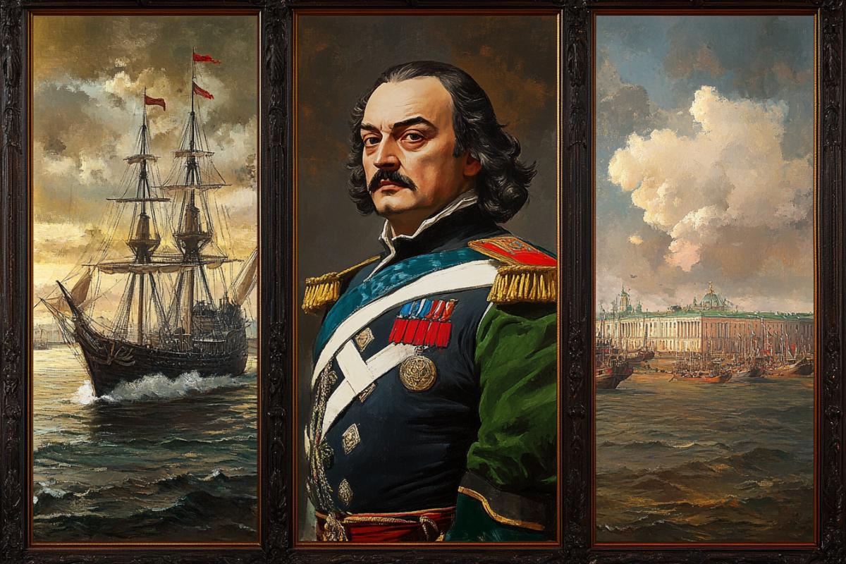 Triptych of three parts in separate frames about Russian tsar Peter tall and handsome left side Peter builds ship center Peter fights commands in the field war on the background of cannon right side Peter contemplates beautiful granite city St. Petersburg photorealistic quality high contrast