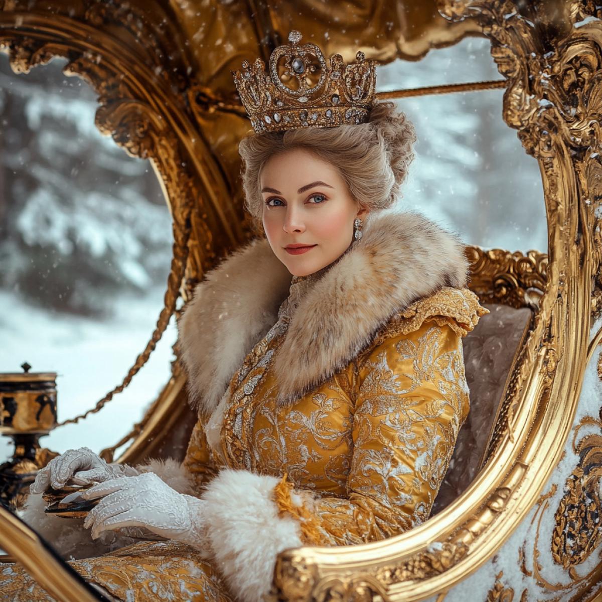 Russian Tsarina Catherine II rides in a golden carriage, on a snowy road in winter, on her head is a beautiful crown and a dress made of gold brocade with a fur cape.