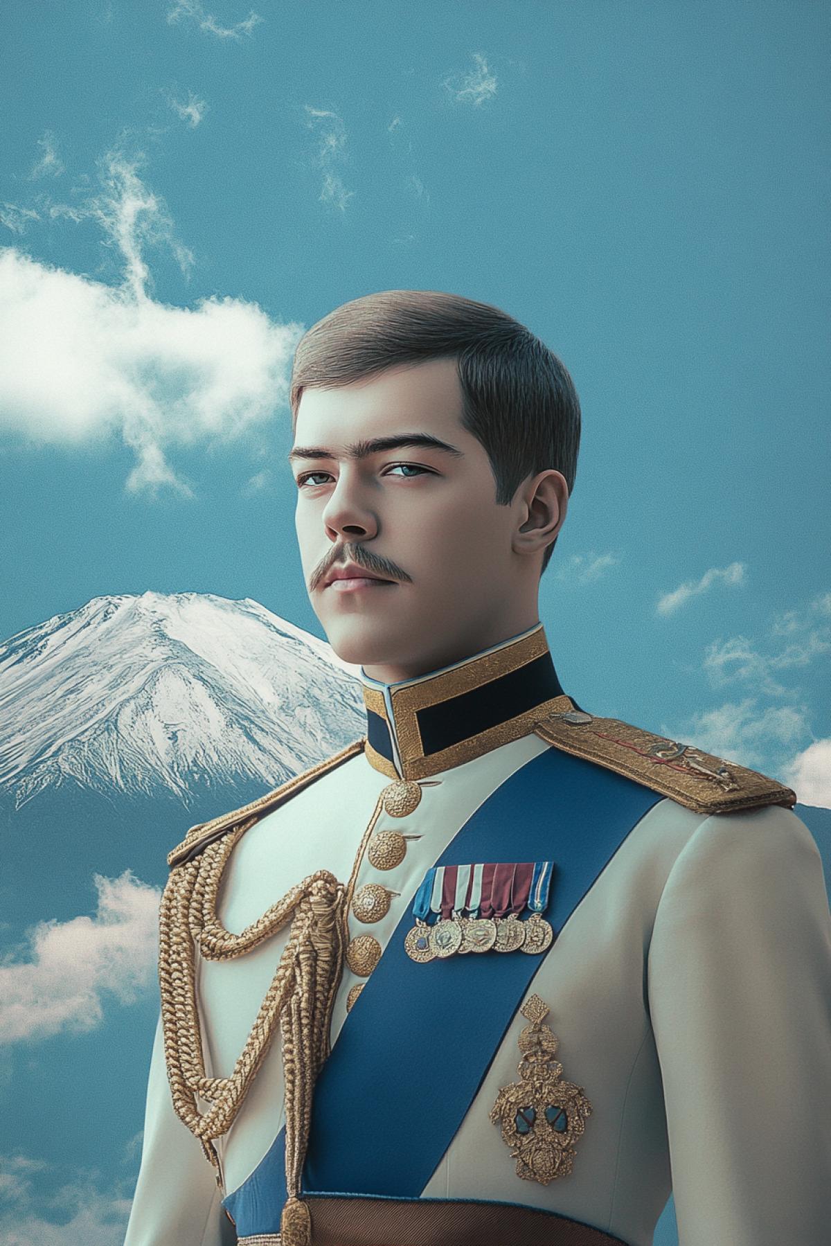 Young Russian Emperor Nicholas II against the backdrop of Mount Fuji, an incredibly beautiful photograph in a minimalist style