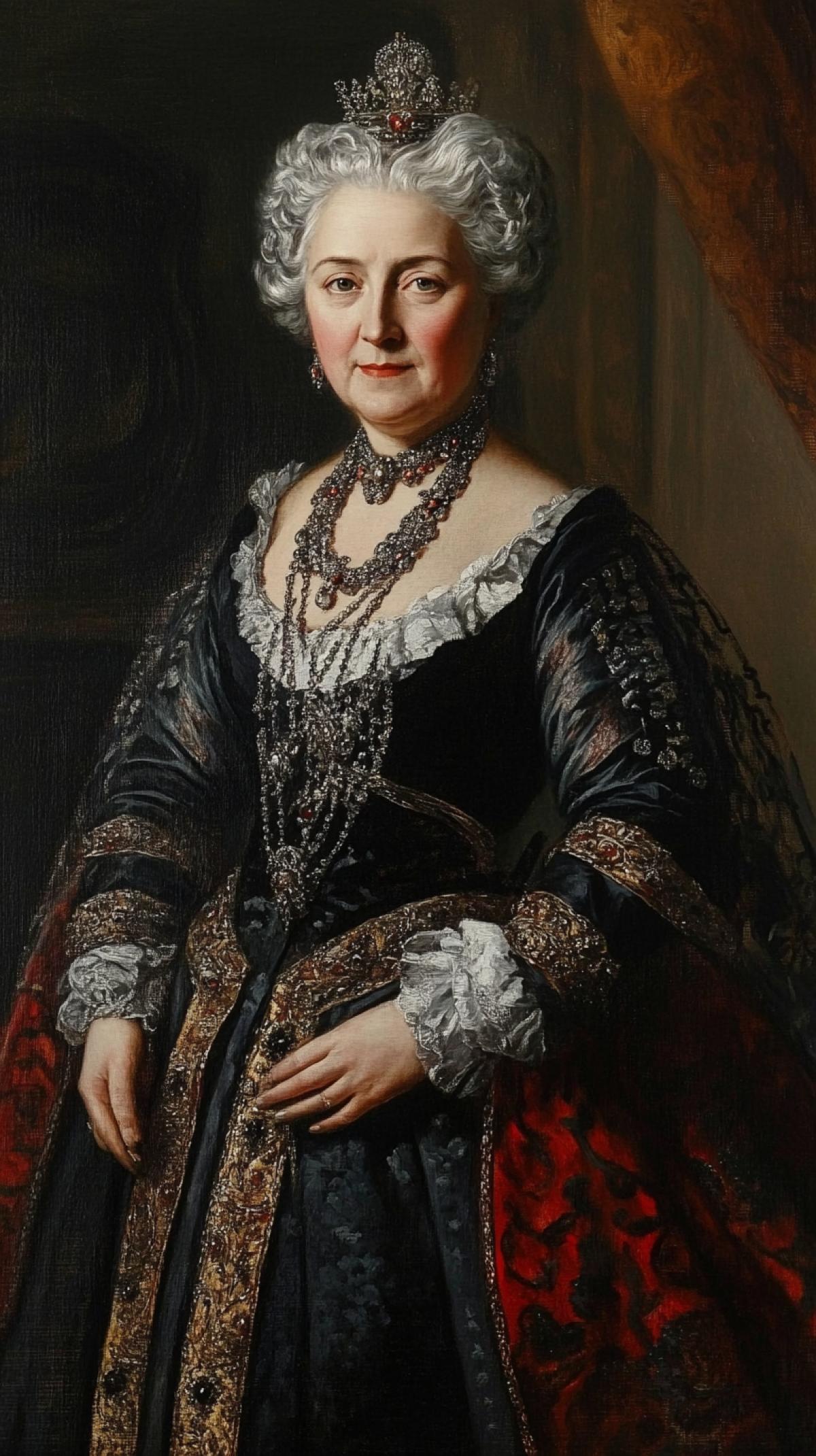 a surreal symbolic full-length portrait of the gray-haired Empress Catherine II, an oil painting in the Renaissance style, made by an old master in the style of the 1500s, extremely realistic, extremely detailed, dark saturated colors of the Renaissance, eyes look blank. from the viewer
