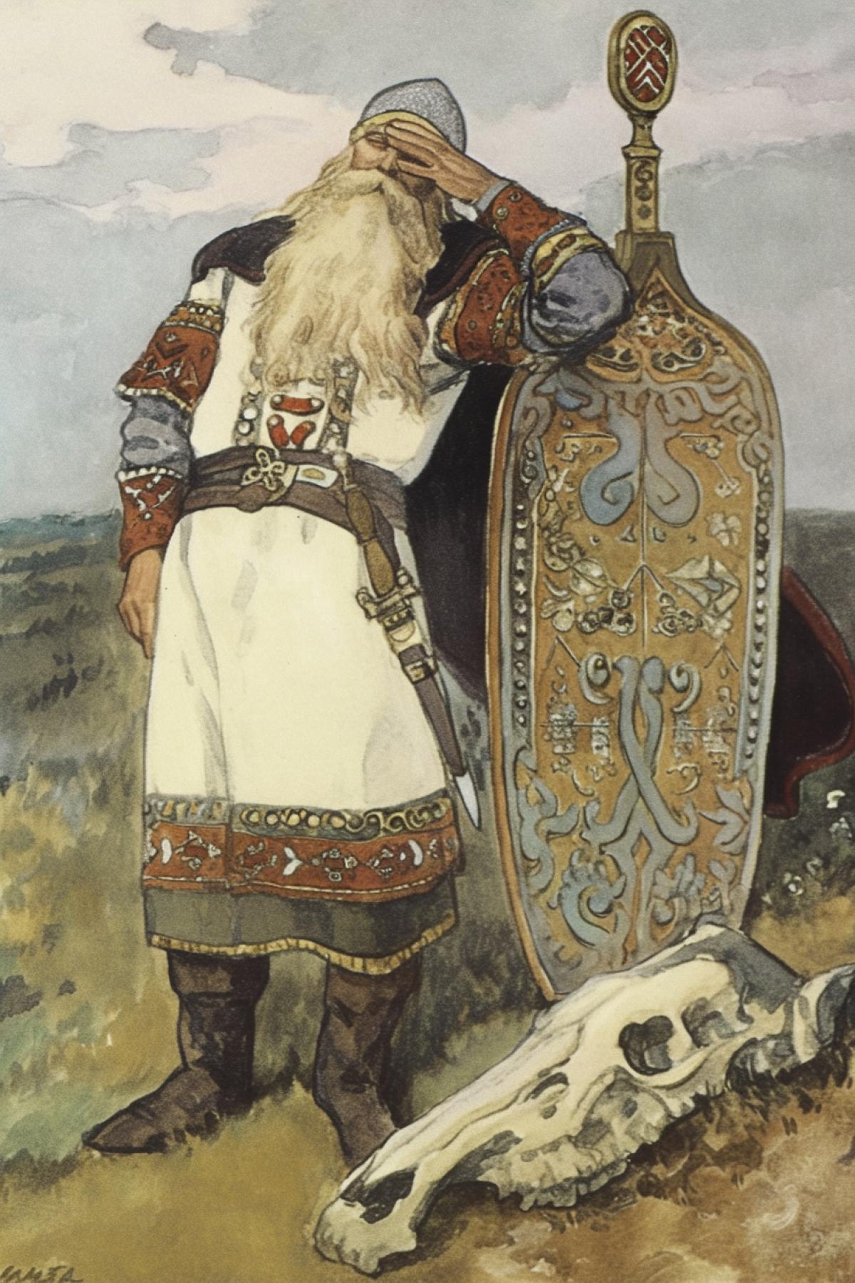 Grand Duke of Kiev Prophetic Oleg lies dead next to the skull of his horse, top view