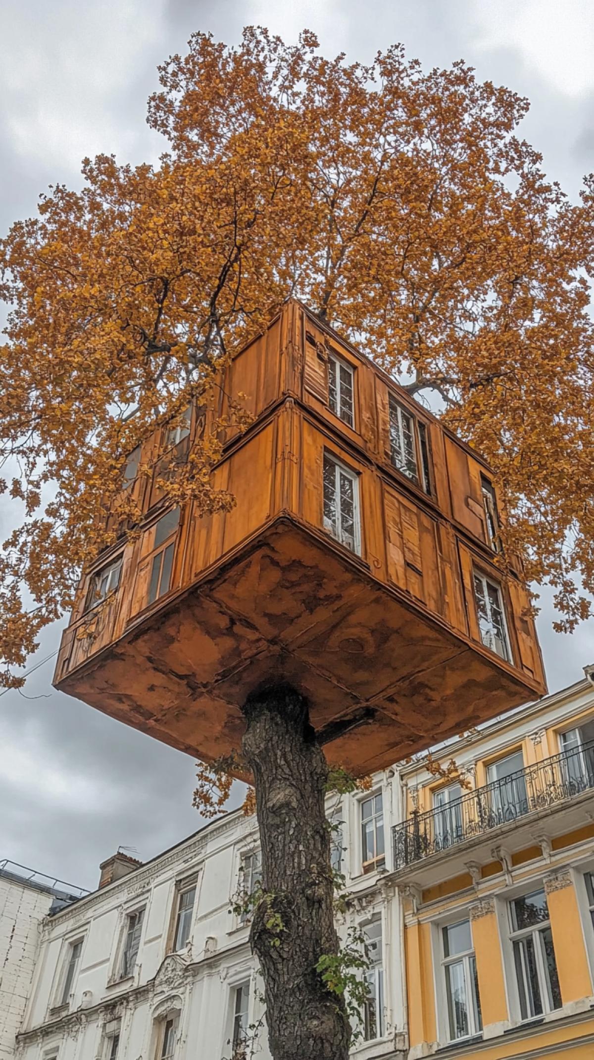 A tree growing in the form of an architectural object of unusual shape and color