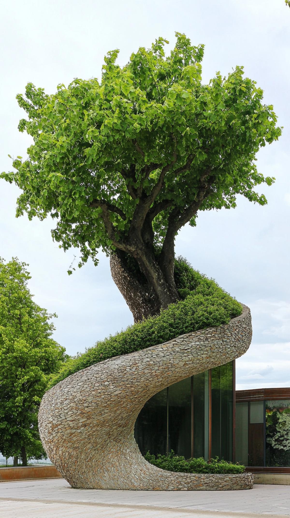 A growing tree with a crown in the form of an architectural object of unusual shape and color