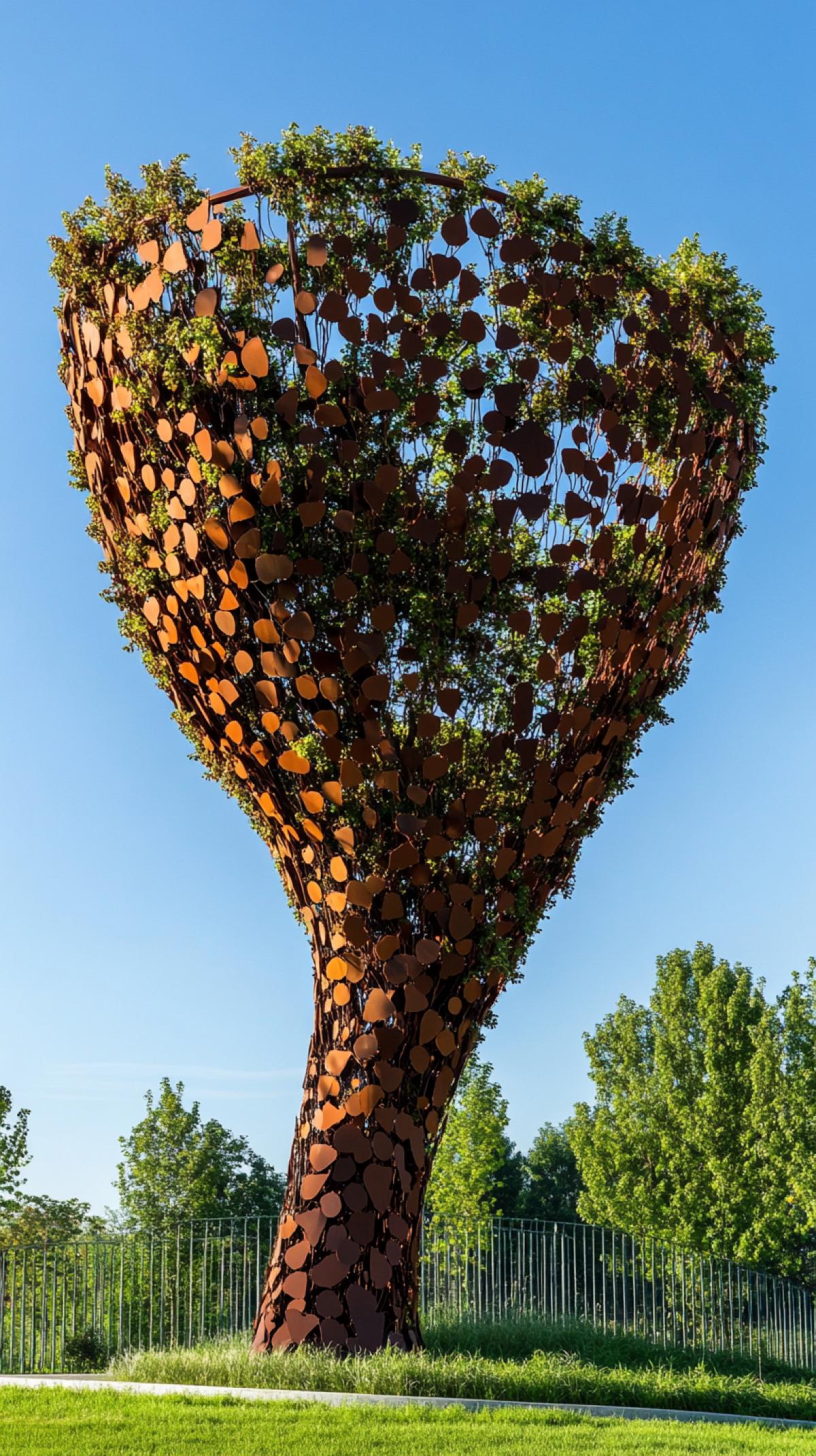A growing tree with a crown in the form of an architectural object of unusual shape and color