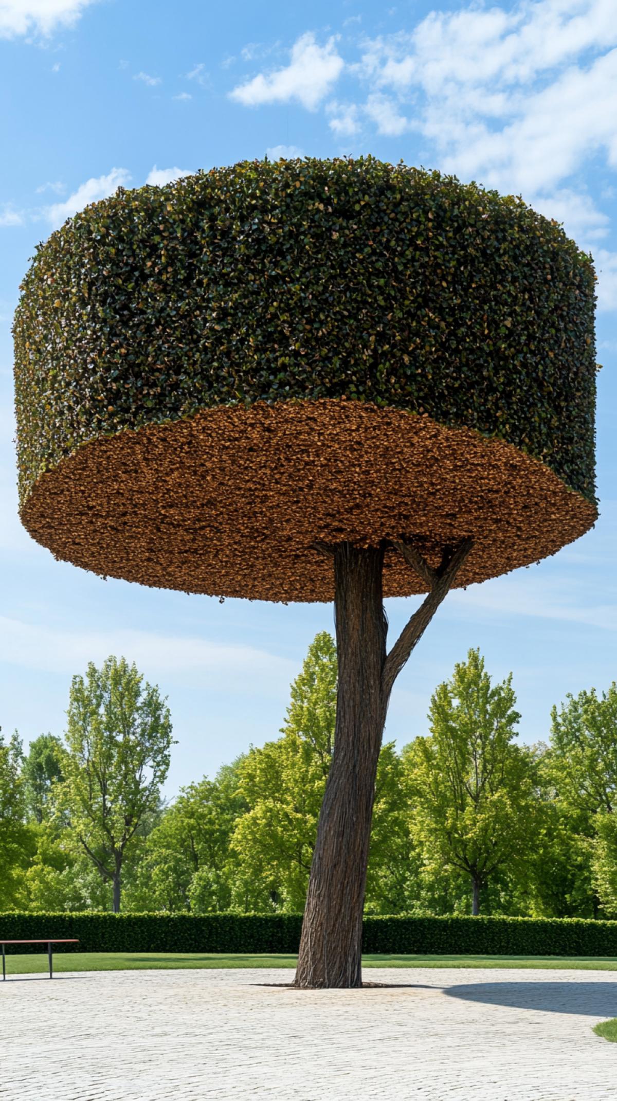A growing tree with a crown in the form of an architectural object of unusual shape and color