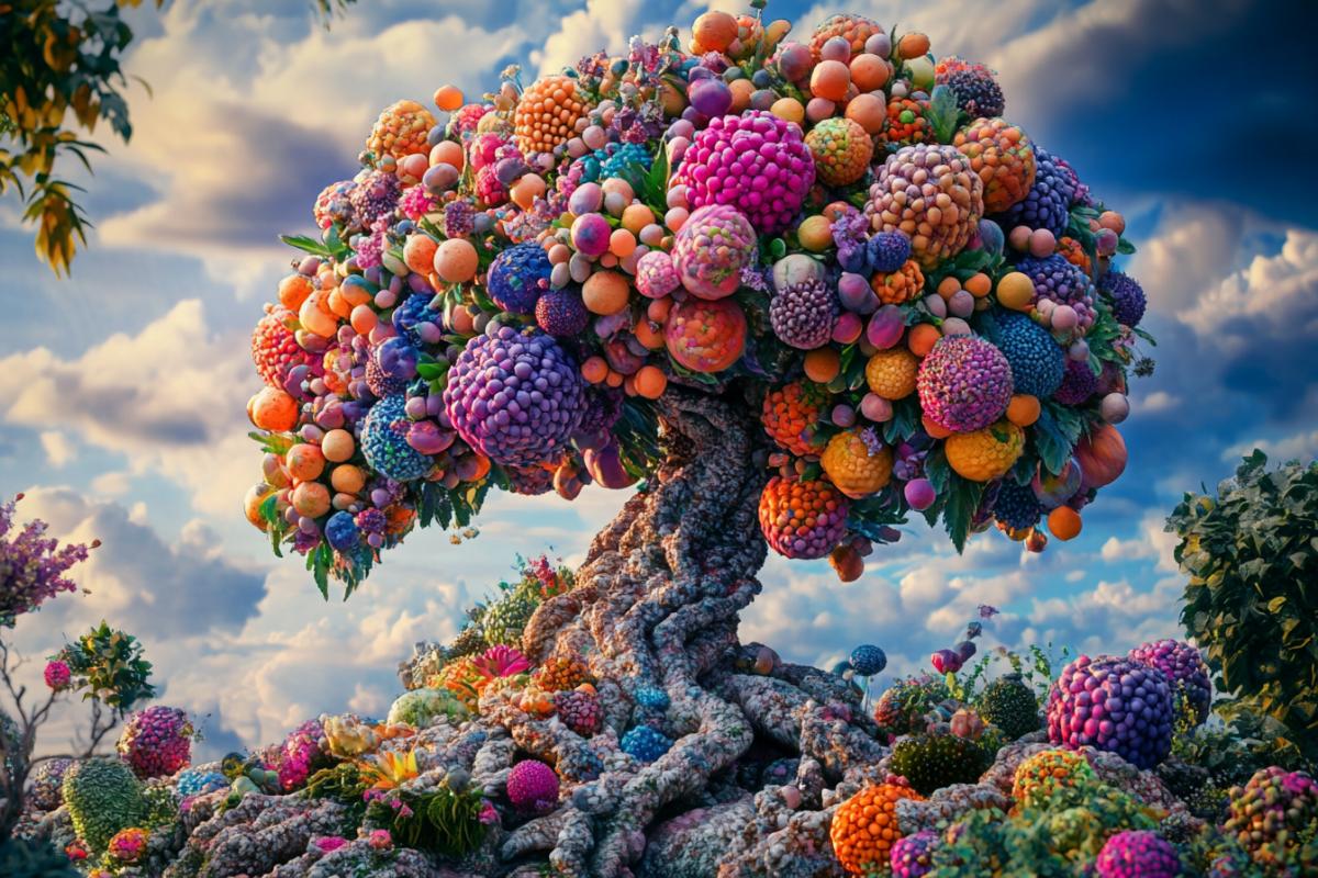 Stone fantasy tree with big inflorescences and unusual fruits, cosmic surrealism, bright colors
