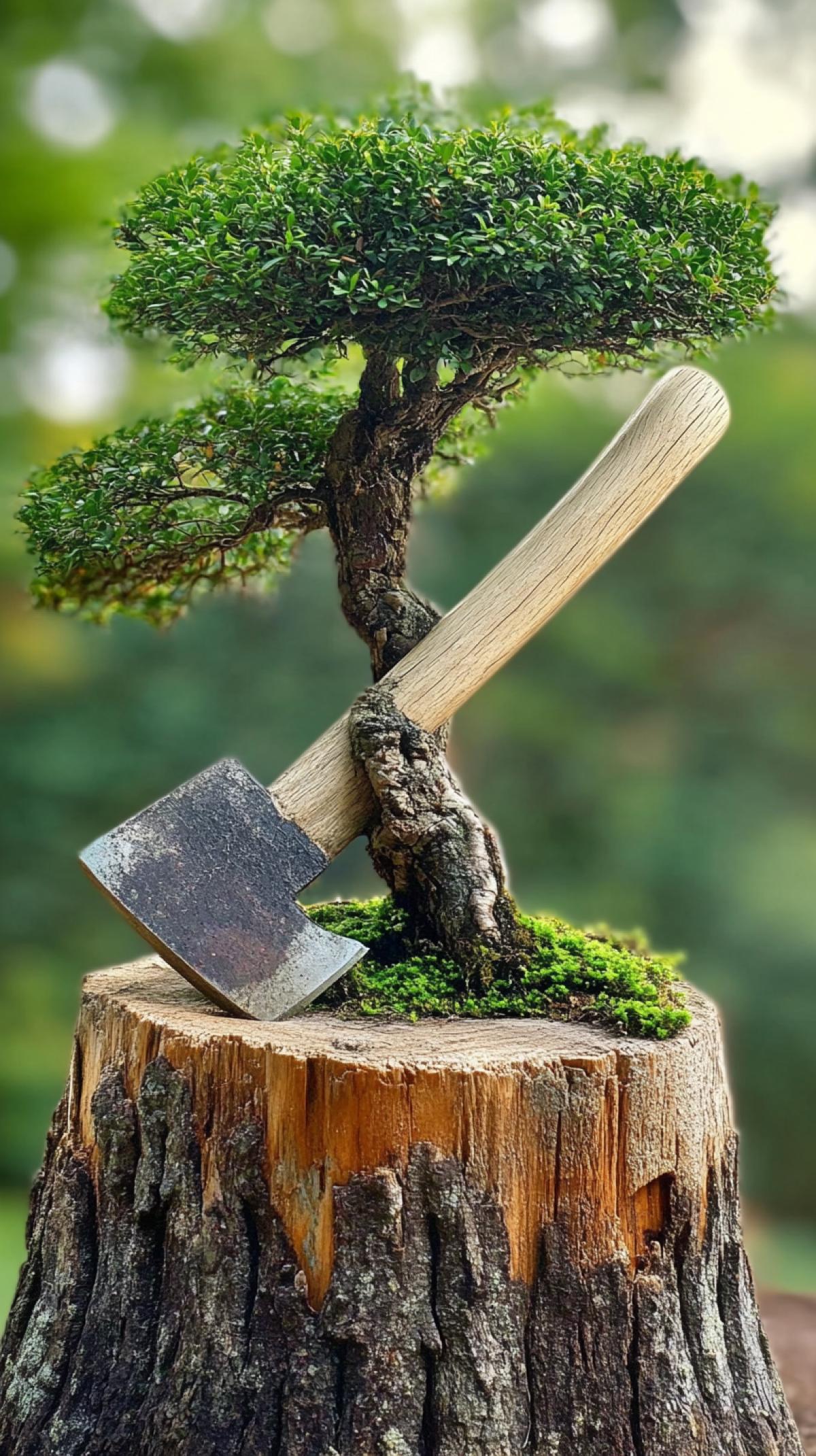 A bonsai tree grew on the handle of an ax stuck into a stump.