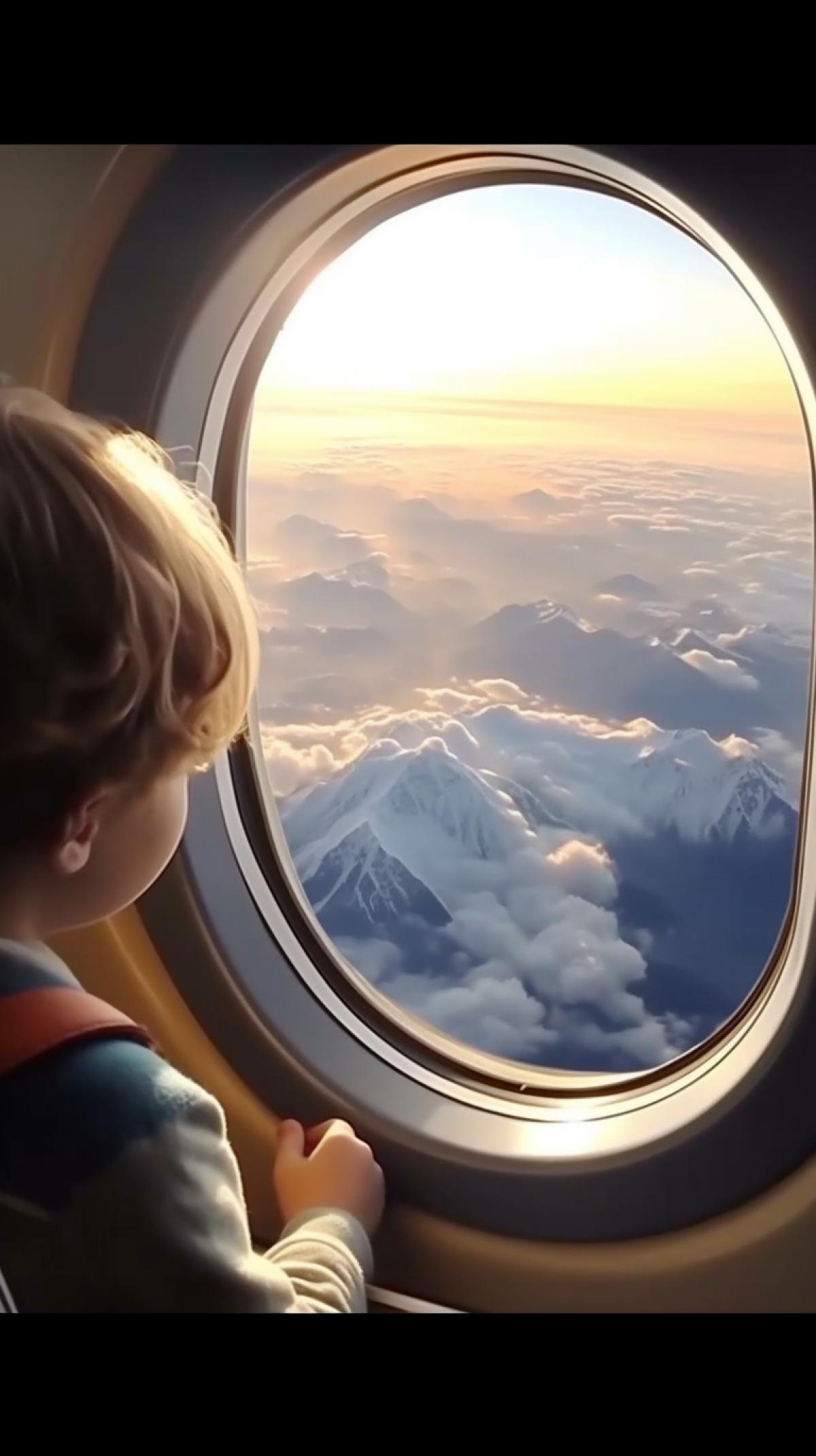 View from an airplane window, a child looks out the window, a view of the Eye of Sauron tower from the movie \"The Lord of the Rings,\" video of a piece of an airplane wing, photograph