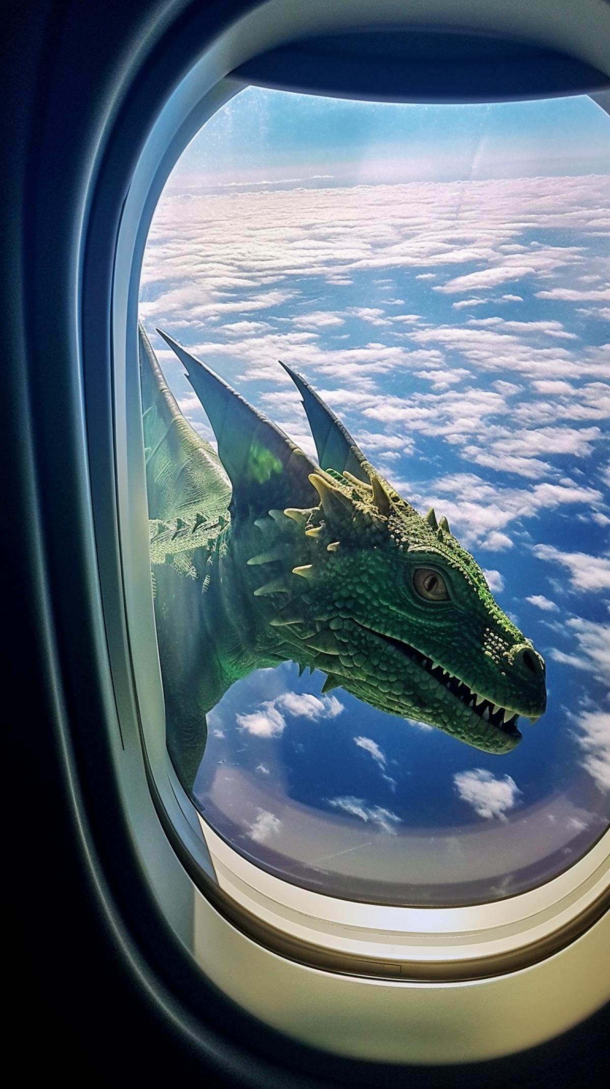 View from an airplane window of a flying green dragon, photograph