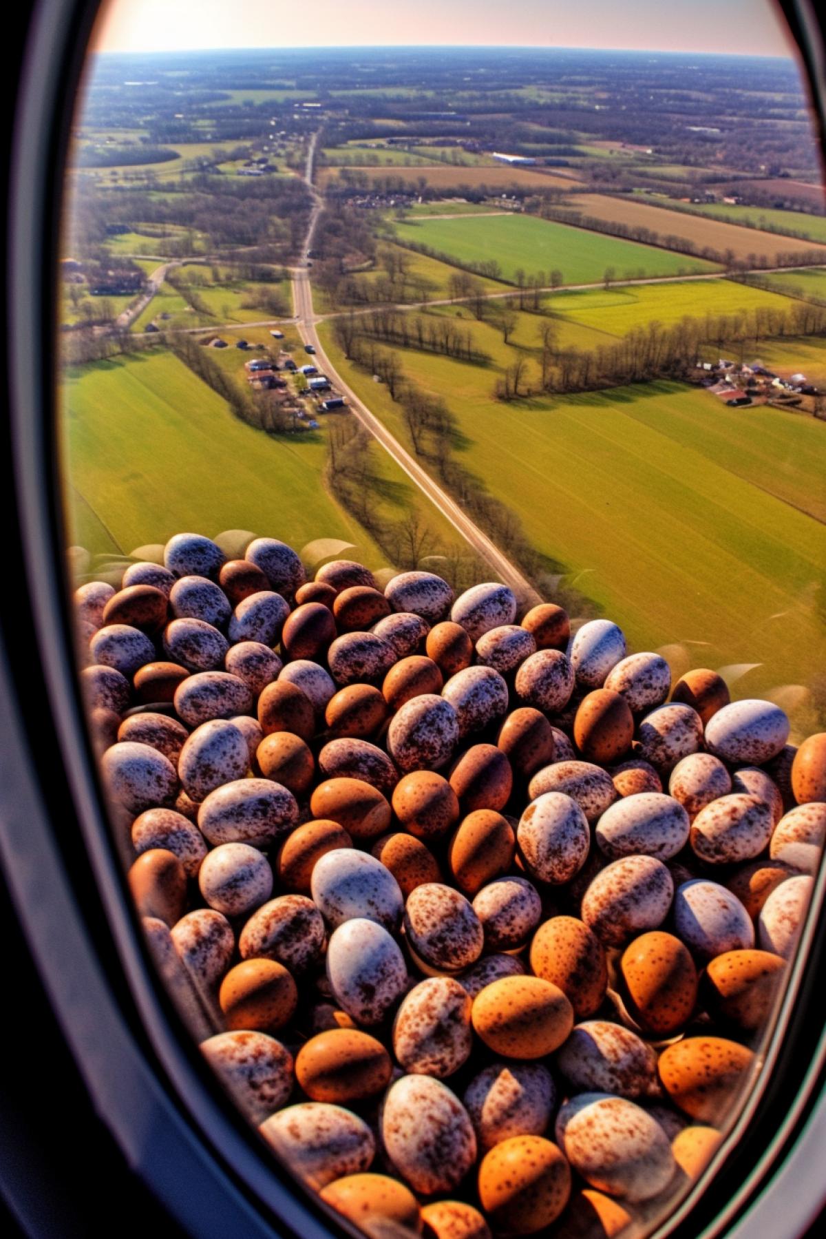 View of chocolate eggs from an airplane window