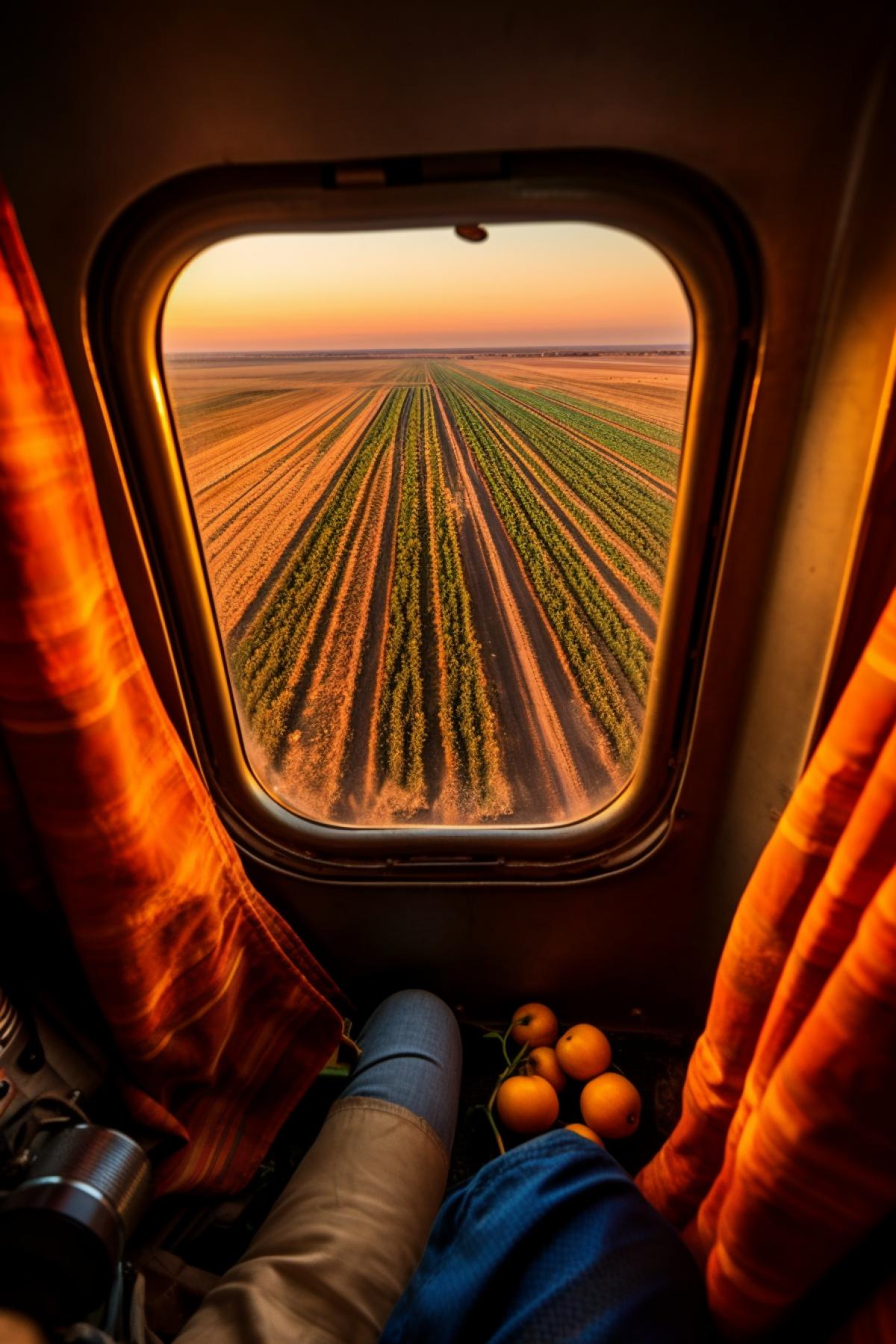 View from an airplane window to fields and colored balloons, View from an airplane window!
