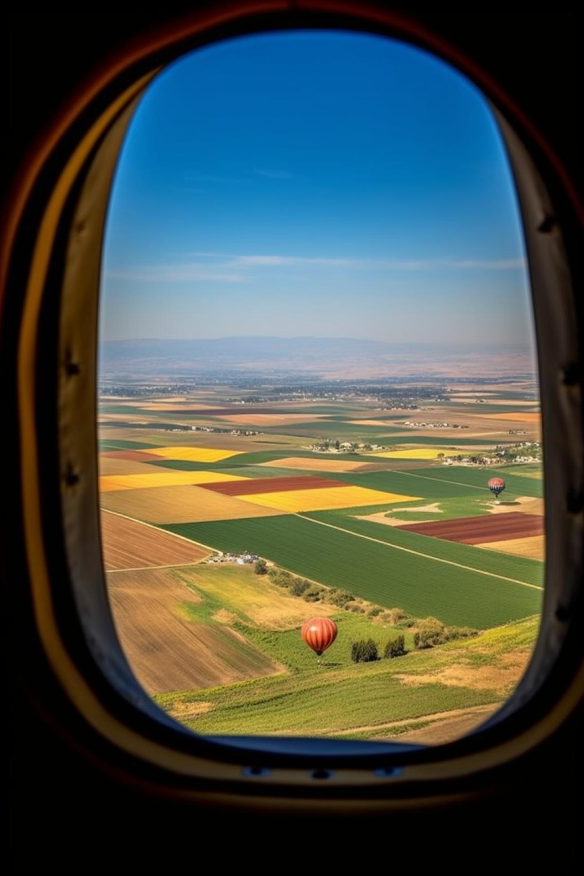 View from an airplane window to fields and colored balloons, View from an airplane window!