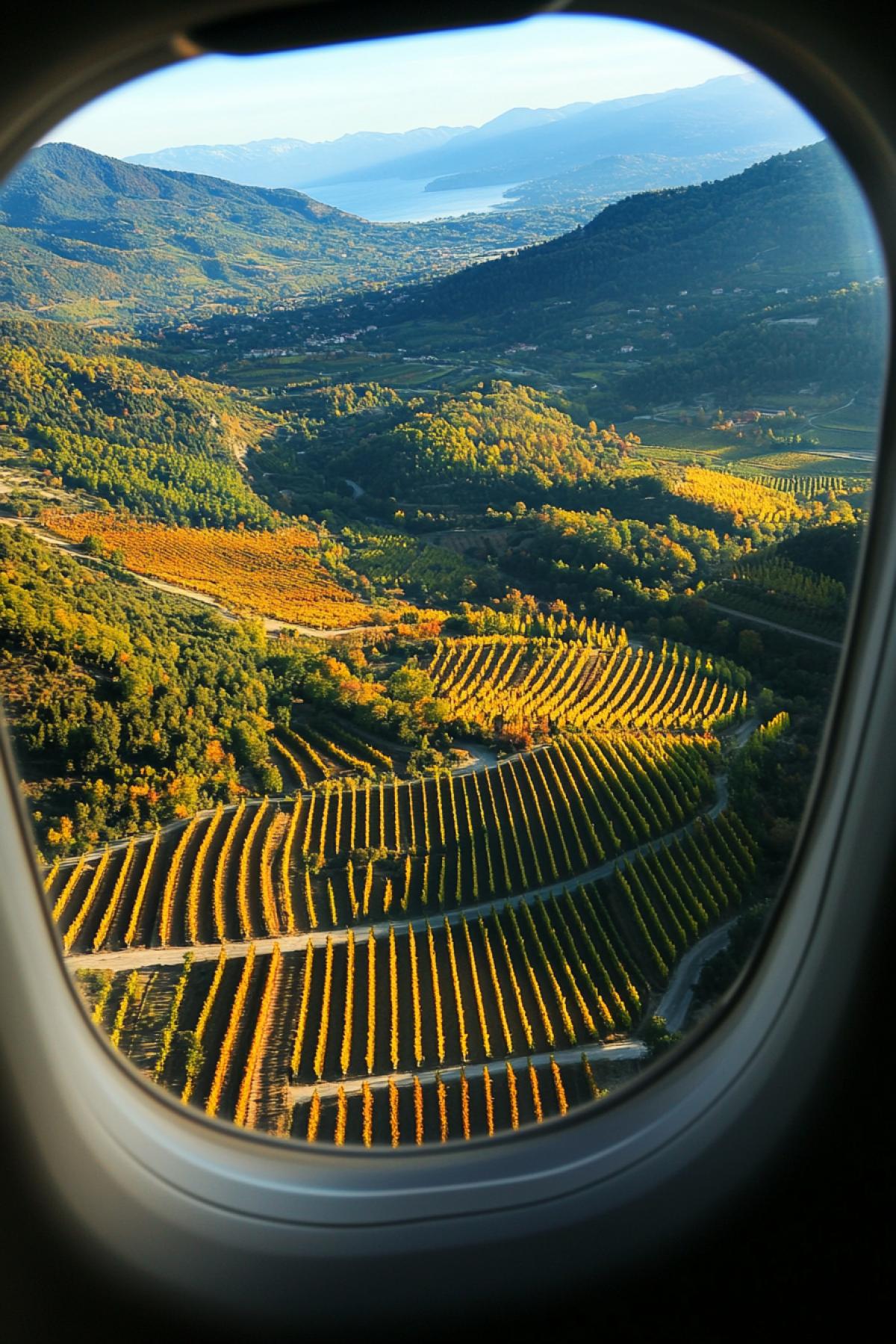 View from an airplane window with a marvelous landscape of vineyards
