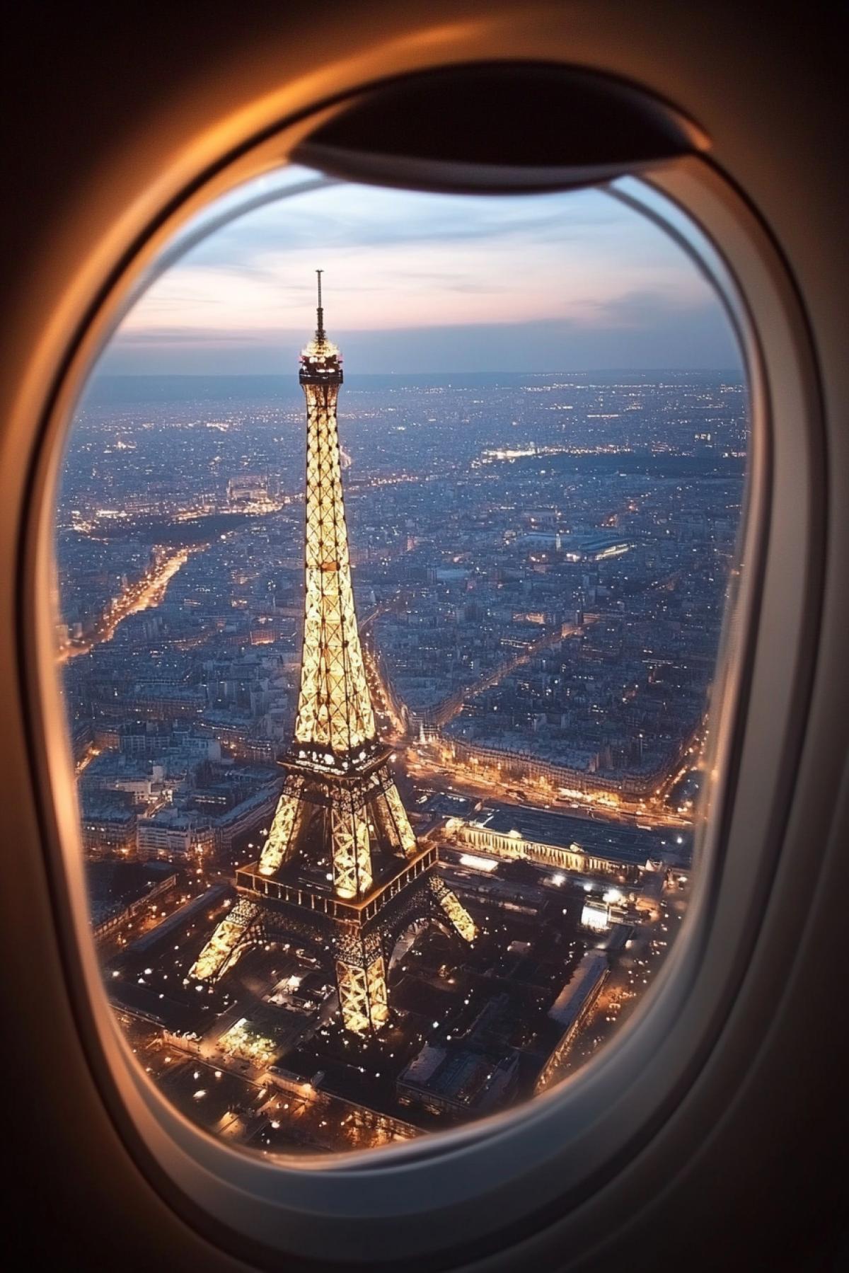 View through the airplane window with a marvelous landscape at the night megapolis