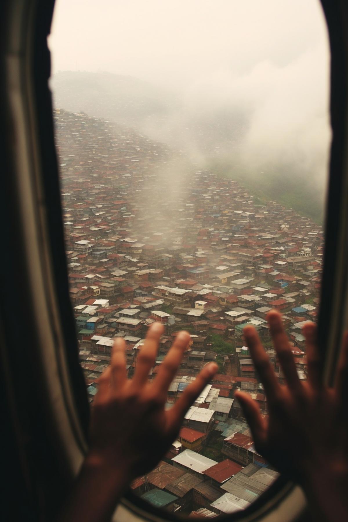 View from an airplane window of a finger floating through a village