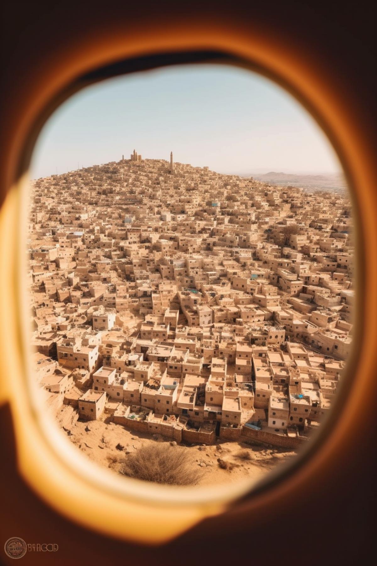 View from an airplane window of a finger floating through a village