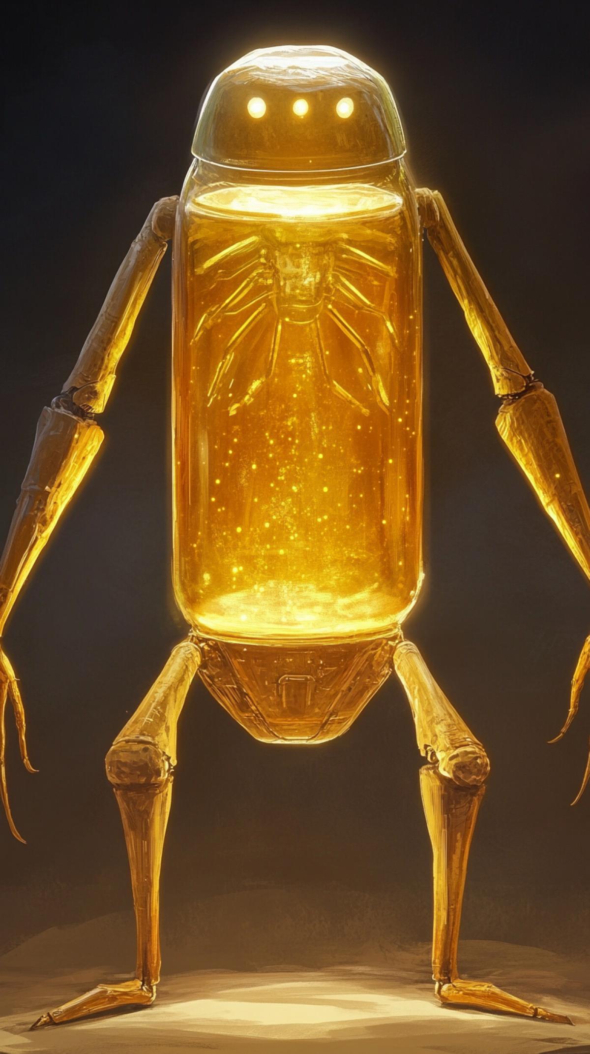a golden suncreen bottle has arms and legs