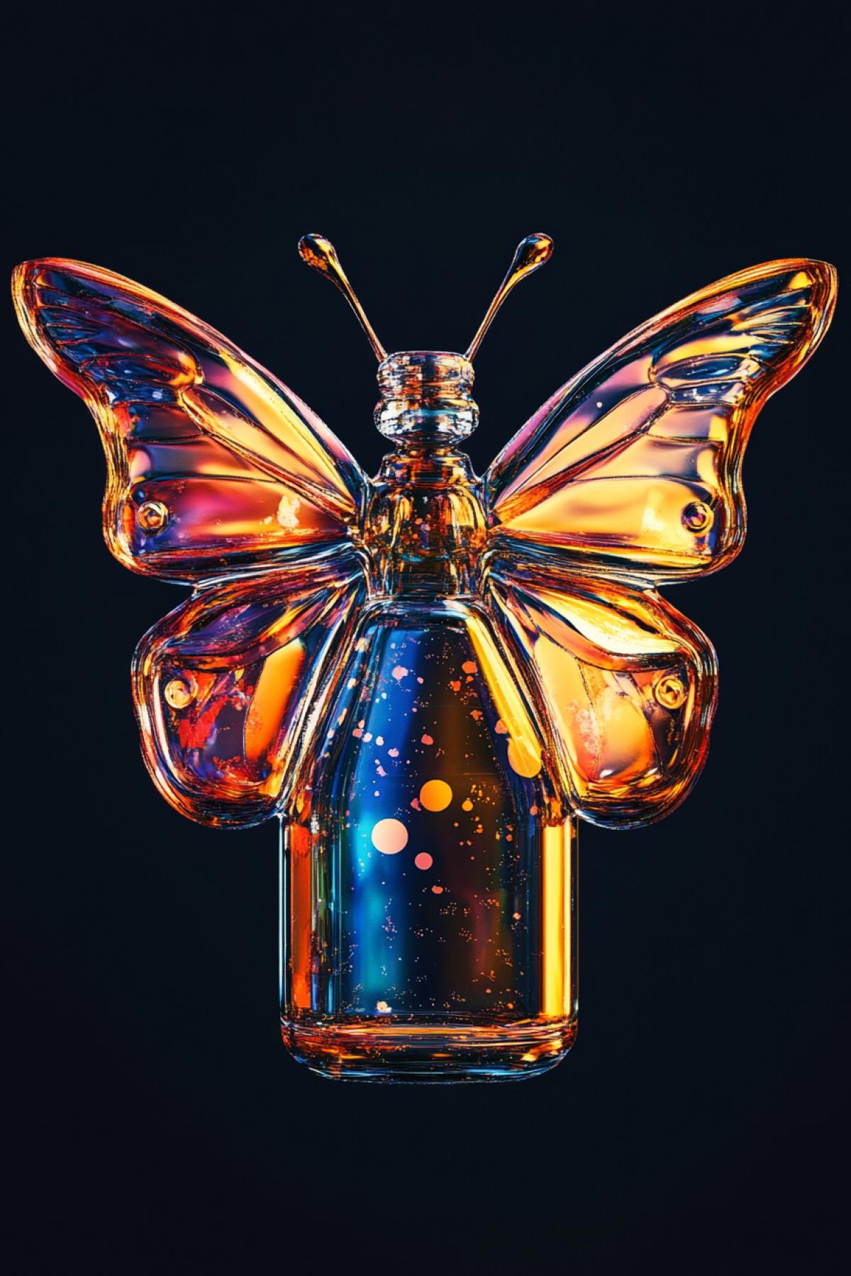 Unusual bottle in the shape of a butterfly, shimmer, photoshop, minimalism, psychedelic
