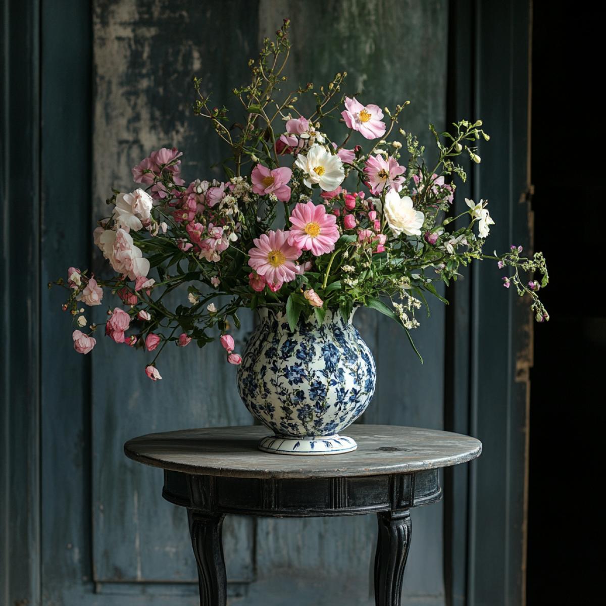 Still life flowers in a chic vase on a terrace table