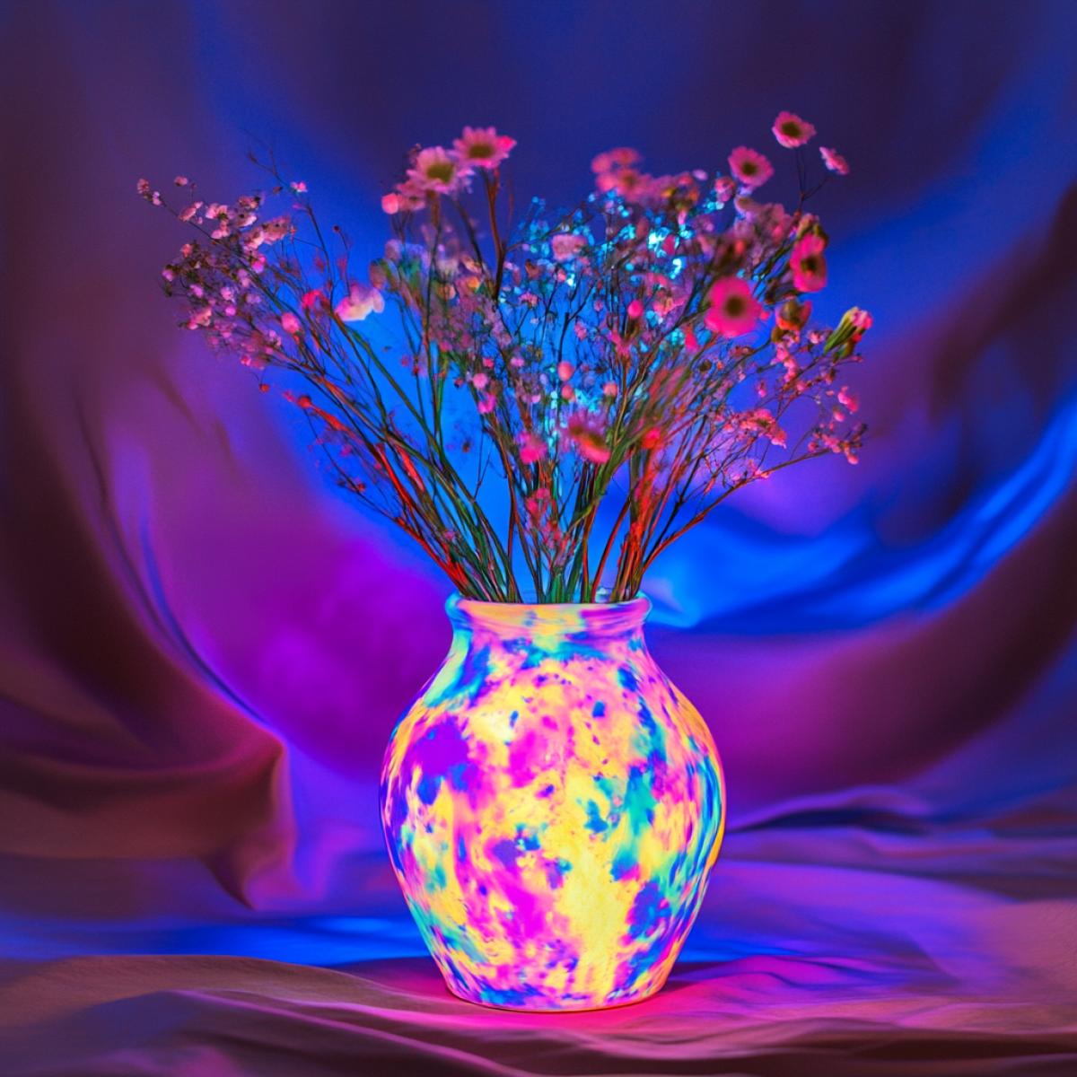 Cosmic bouquet in a neon vase. Still life