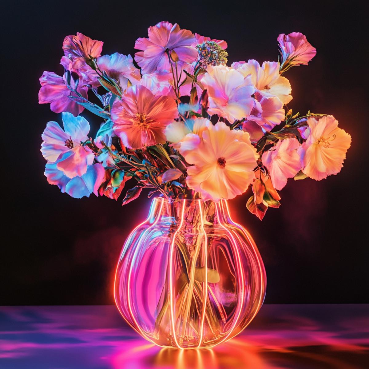 Cosmic bouquet in a neon vase. Still life