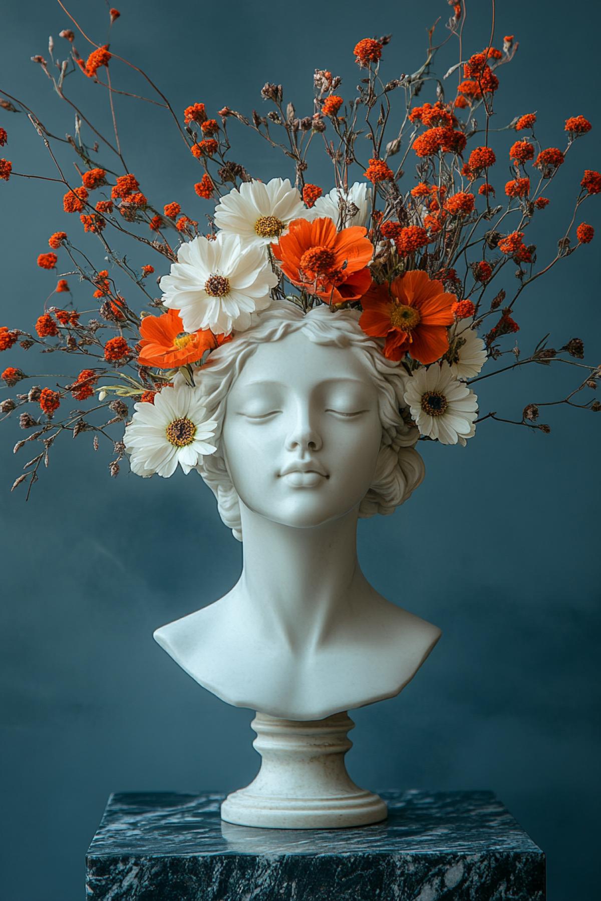 Flowers, in a porcelain vase in the form of a womans head.