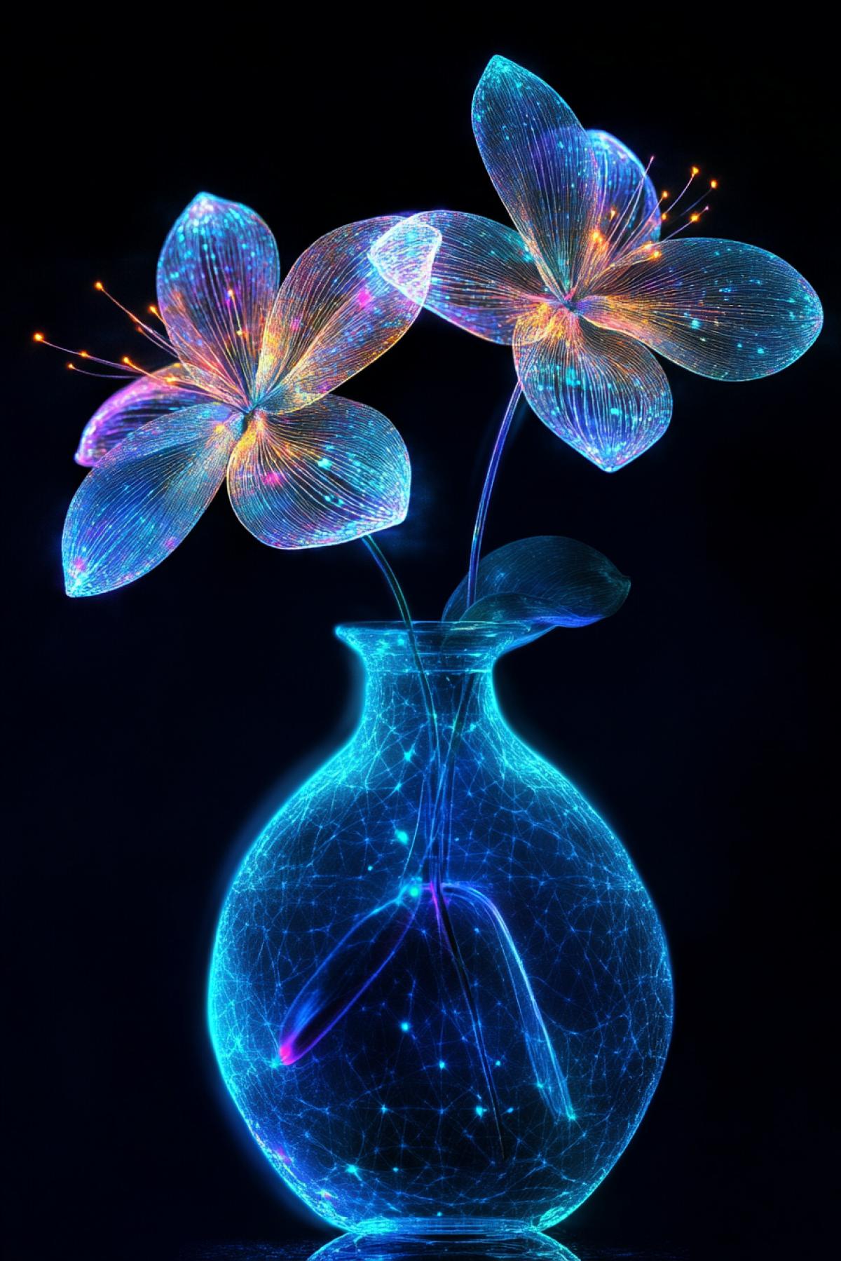 Transparent cosmic flowers in a vase, neon, minimalism, flickering, realistic image, photoshop