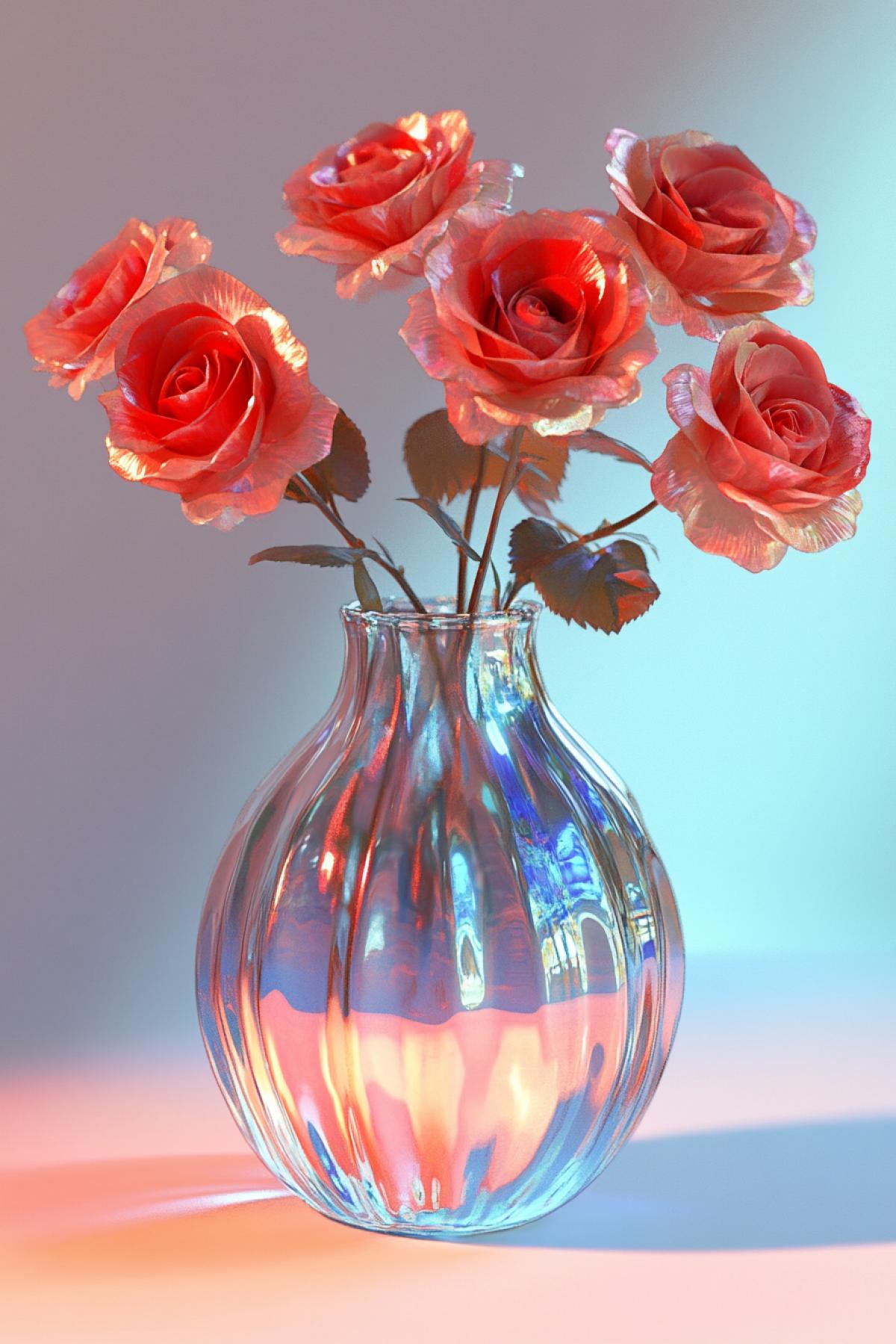 Beautiful red roses in an unusual vase, minimalism, Scandinavian style, clear details, still life, shimmer, realistic image, photoshop