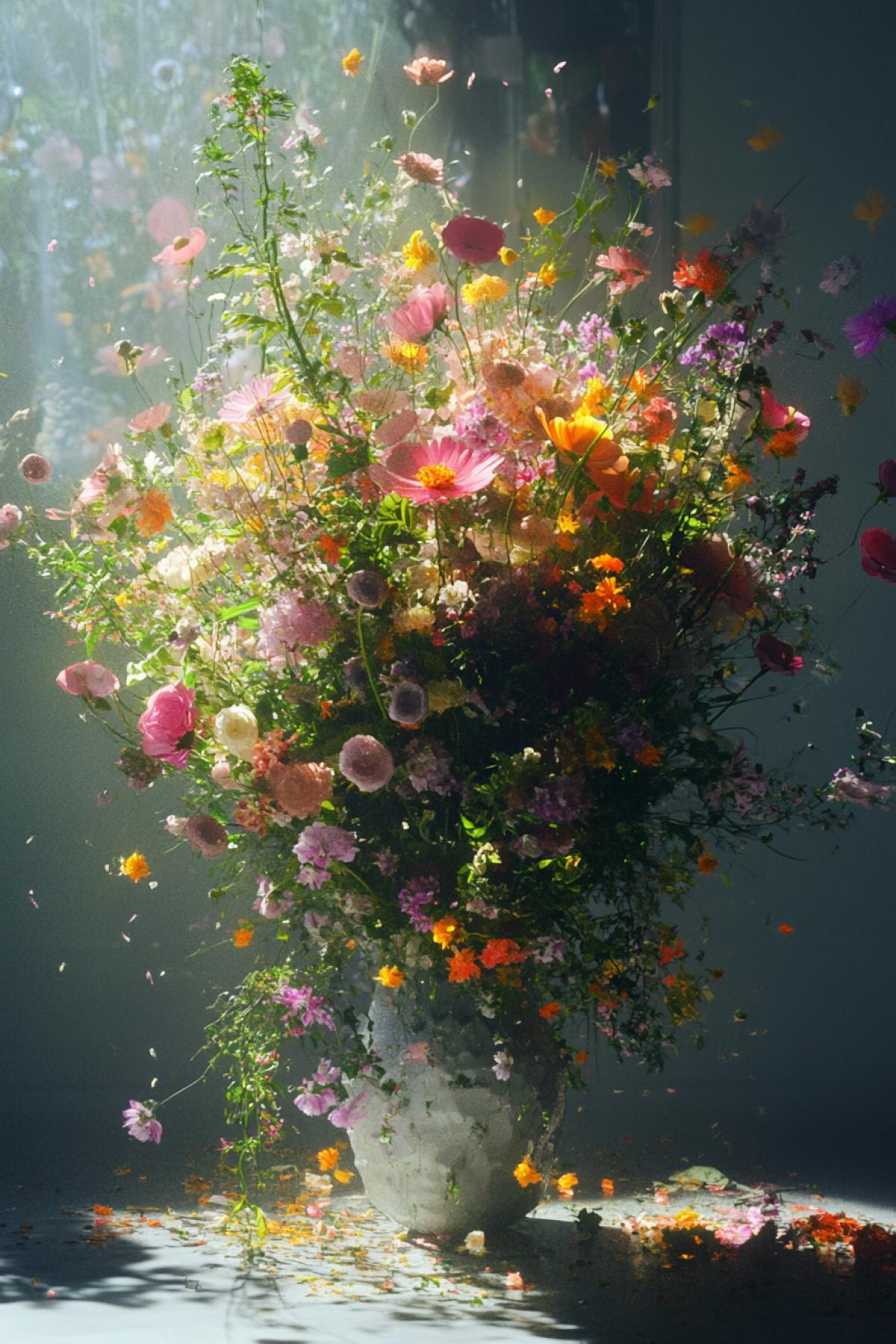 A lush bouquet of flowers in an unusual vase, minimalism, futurism, fusion style, clear details, still life, flickering, realistic image, photoshop