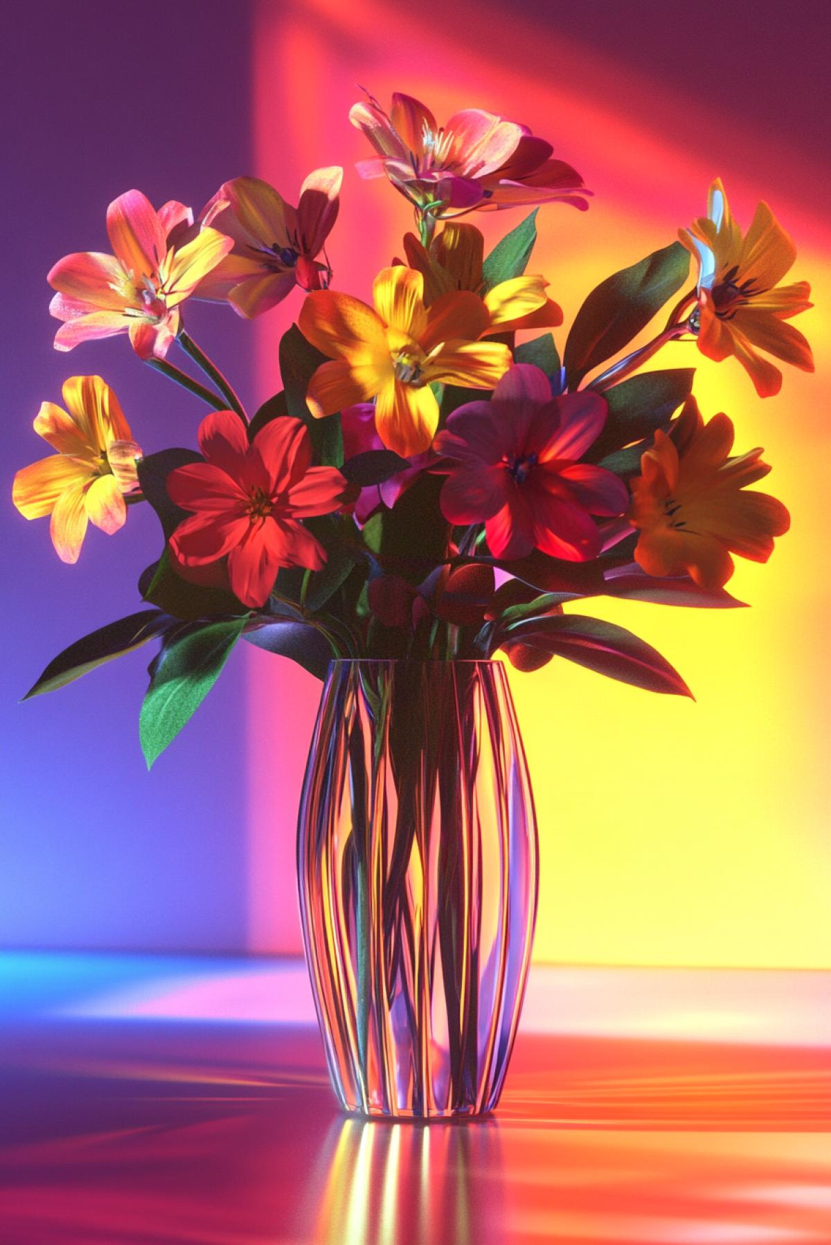 A lush bouquet of flowers in an unusual vase, minimalism, futurism, fusion style, clear details, still life, flickering, realistic image, photoshop