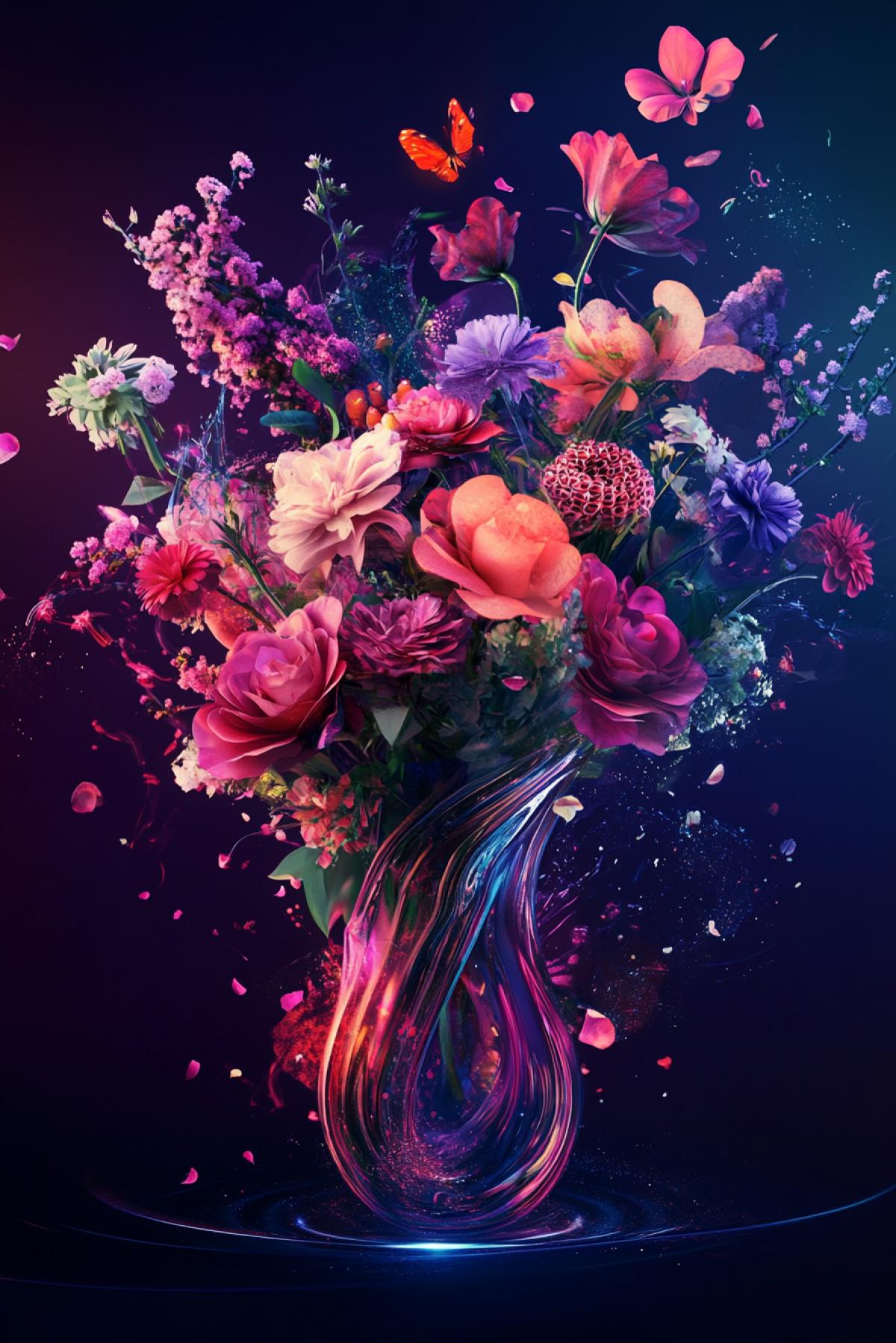 A lush bouquet of flowers in an unusual vase, minimalism, futurism, fusion style, clear details, still life, flickering, realistic image, photoshop