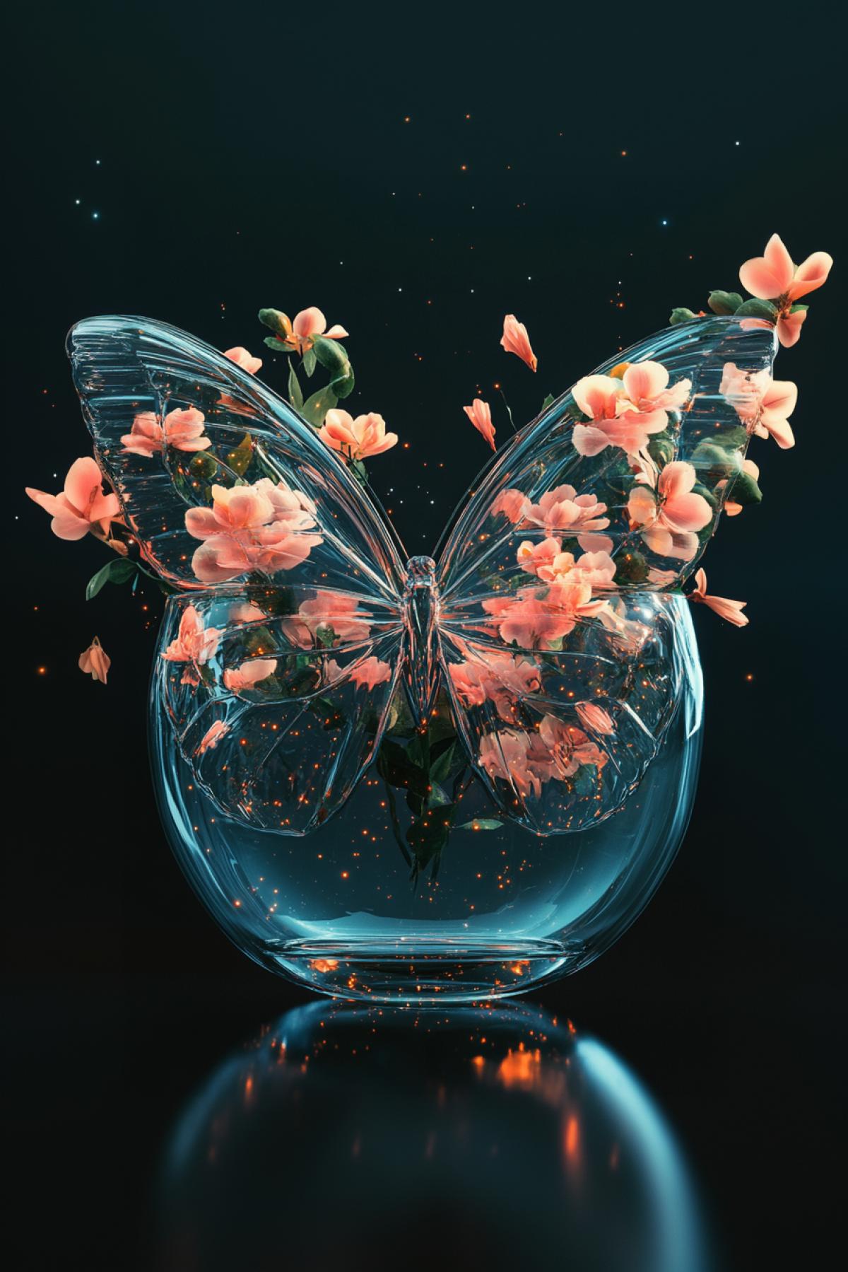 Vase in the shape of a butterfly, inside the vase there are lush buds of cosmic flowers, minimalism, space shuttle, flickering, realistic image, photoshop