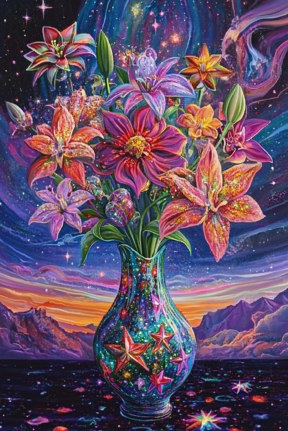 Cosmogalactic vase with star flowers fantasy surrealism