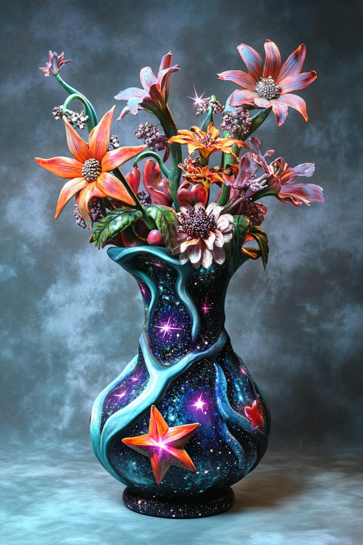 Cosmogalactic vase with star flowers fantasy surrealism
