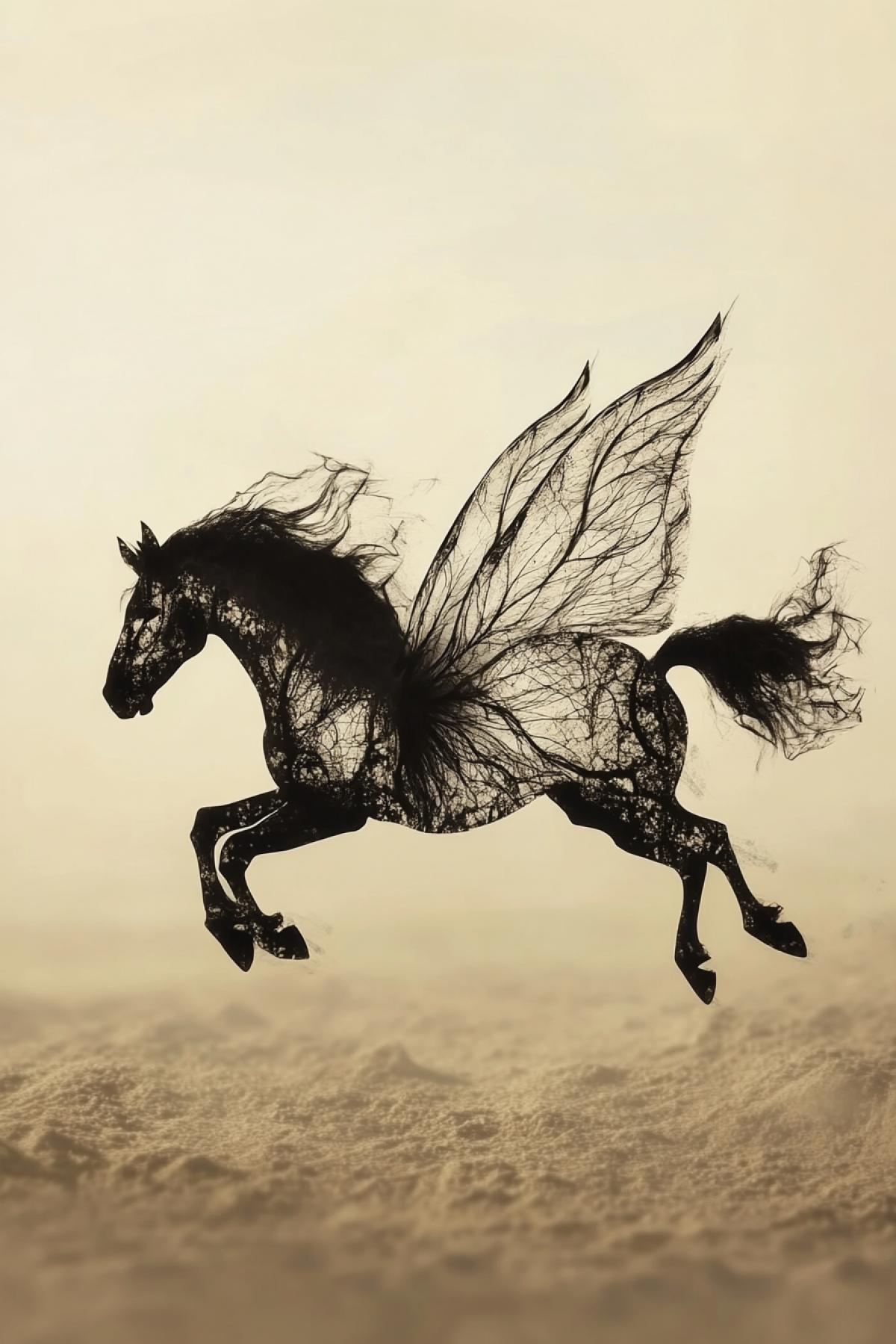 Horse in the form of a butterfly, minimalism, flickering, photoshop