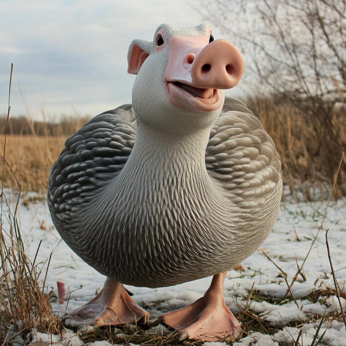 Good day, my little naturalists! Today we have a unique opportunity to observe a remarkable creature in its natural habitat. This is a unique hybrid, a mix of the Middle Russian gray goose and the domestic pig. Notice the powerful goose legs of this animal. It uses its pig snout, thickly covered with feathers, to search for food. Note that due to its large mass of subcutaneous fat, the wings are poorly developed and have a rudimentary nature.