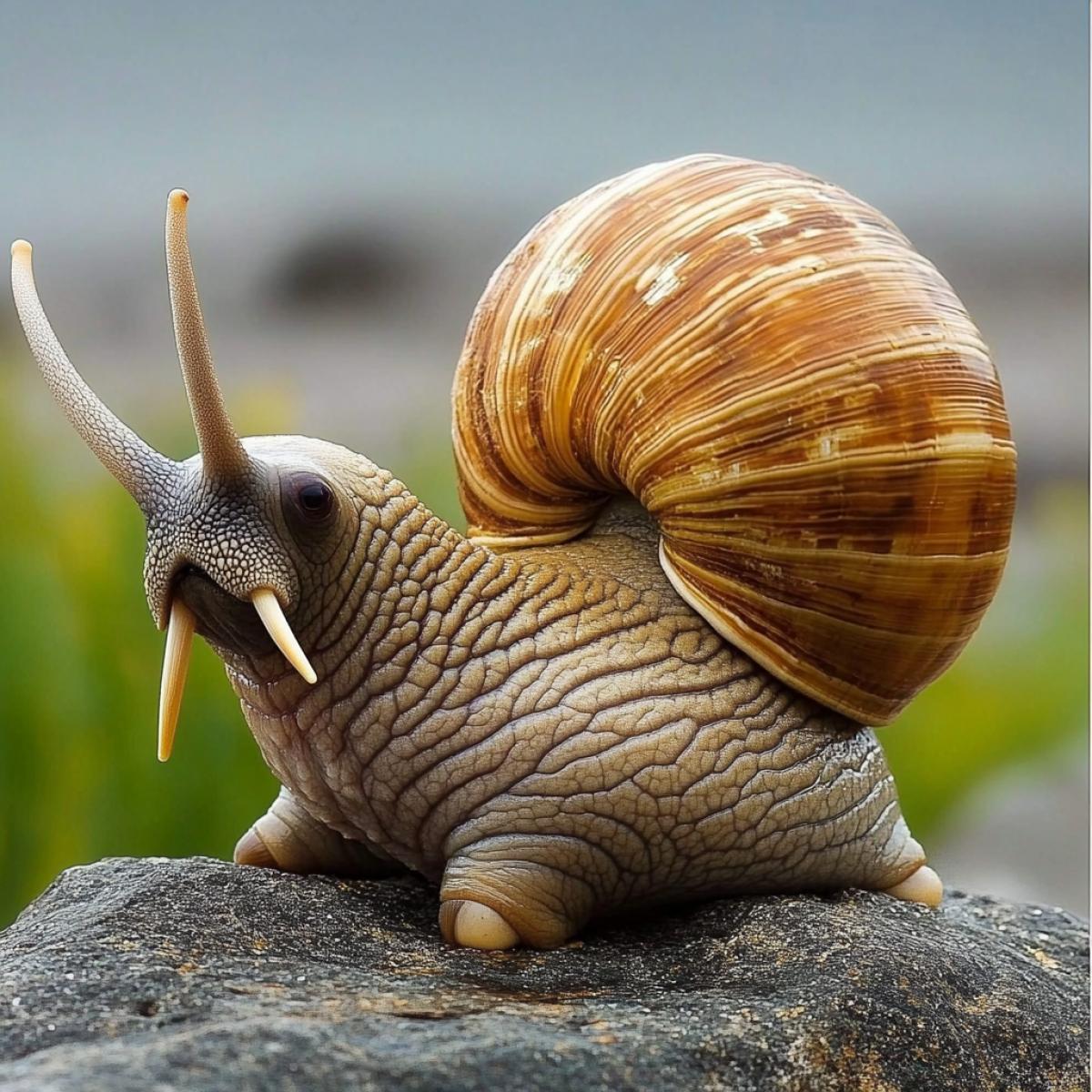 The walrus turns into a snail with a large beautiful shell.
