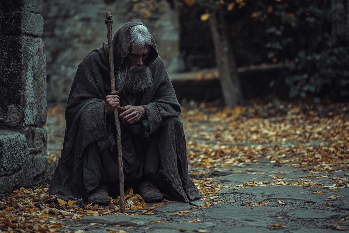 Lonely old medieval pilgrim in rags with a stick and staff