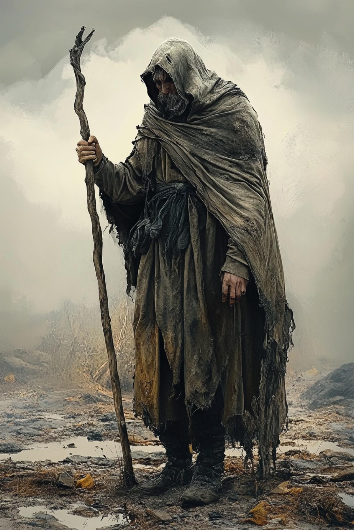 Lonely old pilgrim medieval in rags with a stick staff surrealism