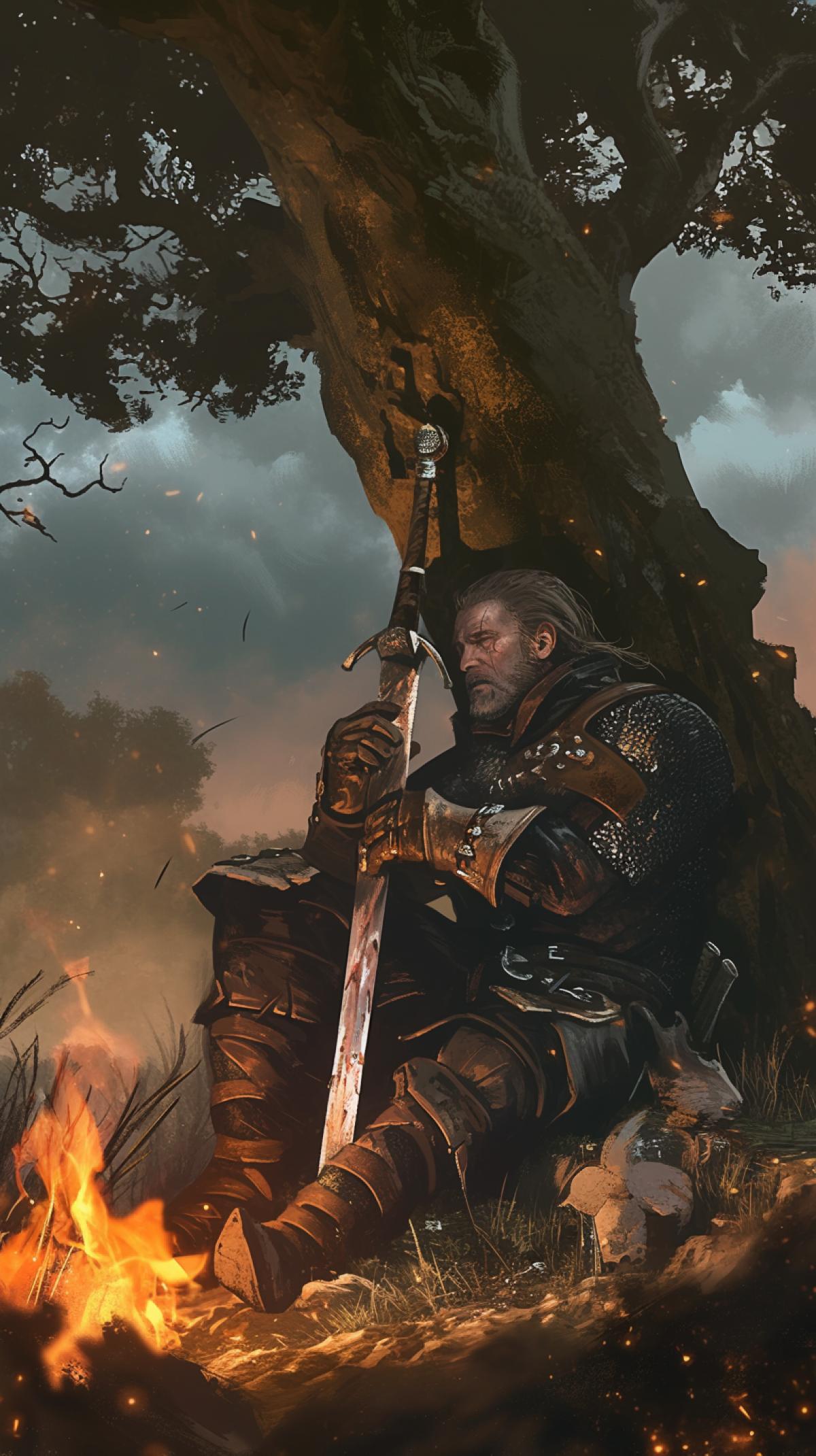 middle-aged male warrior, with a sword, medieval attributes, sits under a tree, looks at the sky, fire nearby, d&d style, dark fantasy style, medieval style, by Jakub Rozalski, close up, night