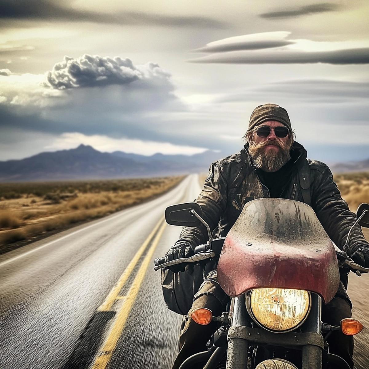 US Route 50: the loneliest road in America. A solitary motorcyclist rides on his Harley. A dirty beard and longing in his eyes.
