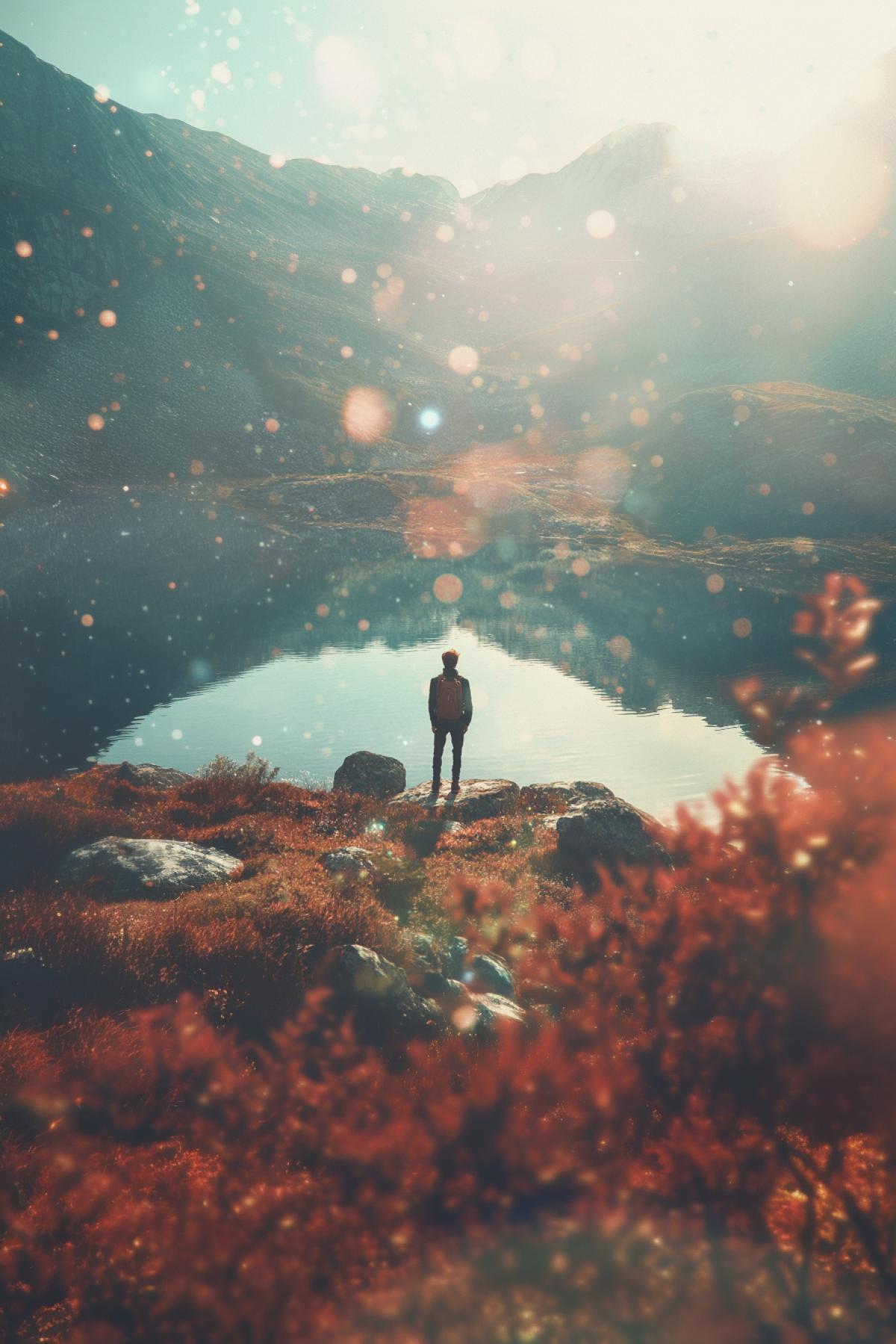 Lonely wanderer, travel, minimalism, Scandinavian style, psychedelic, shimmer, realistic image, photoshop