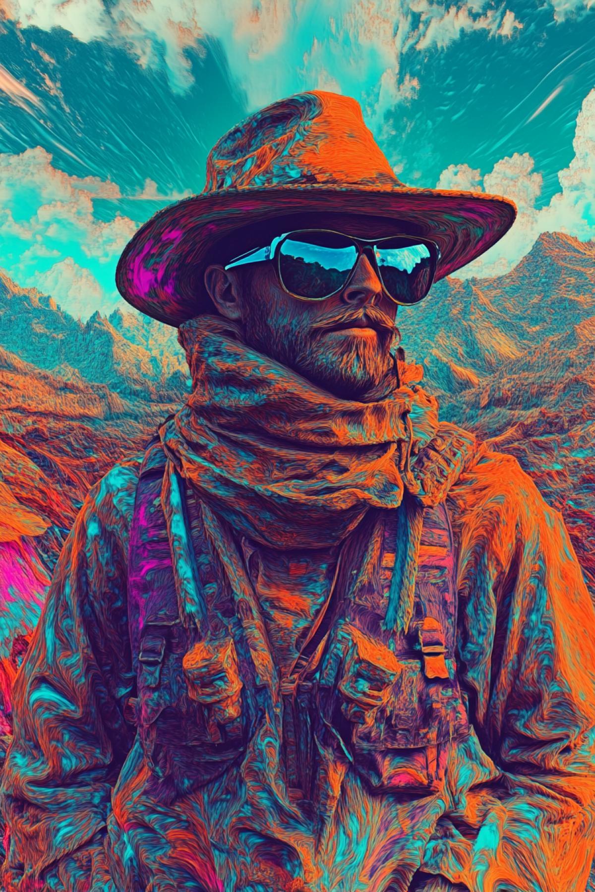 Happy lonely wanderer in the world again, fusion, sharp details, psychedelic, shimmer, realistic image, photoshop