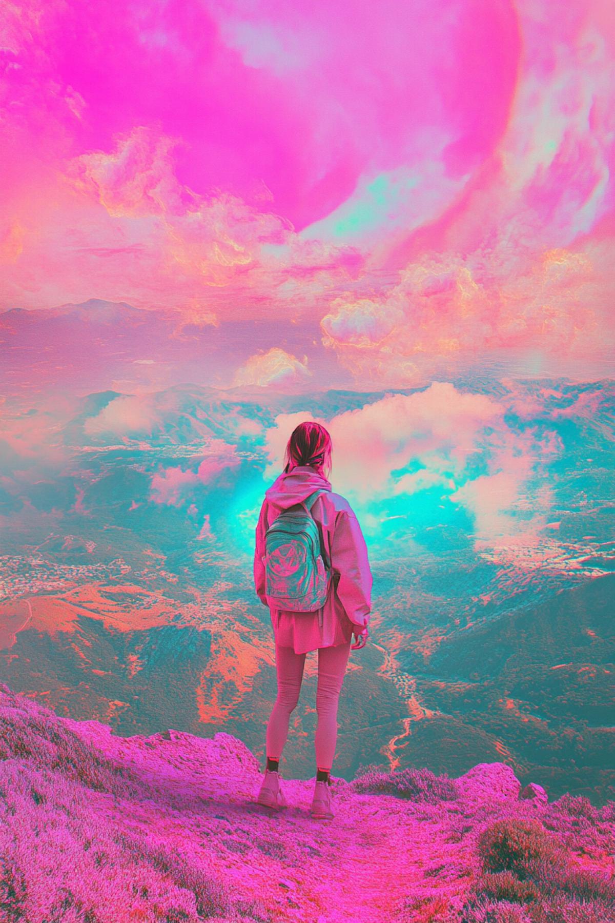 Happy lonely wanderer in the world again, fusion, maximalism, sharp details, psychedelic, shimmer, realistic image, photoshop