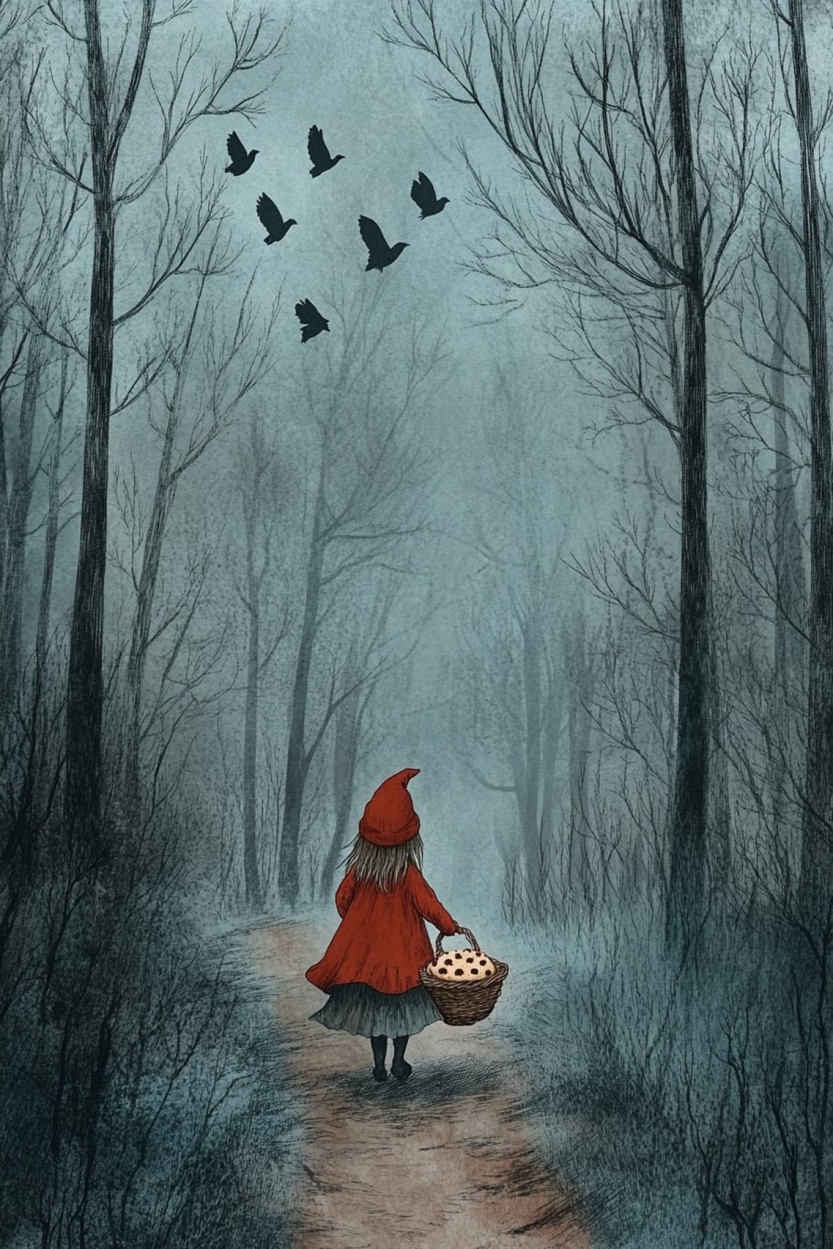 A lonely little frightened girl in a red cap and with a basket of pie walks along a forest path in a scary forest. Fairy tale character Little Red Riding Hood, illustration for a fairy tale