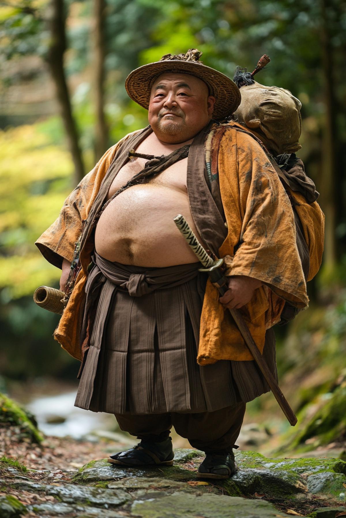 I want to tell you an old tale about a lonely wanderer, the sumo samurai Khlebnoi Li. He was a very fat man, almost round. It seemed as if he was made of bread, a fluffy, rosy loaf. He wandered his whole life through the forest-covered mountains in search of Kitsune, the nine-tailed fox. He was a good hunter and tracked down the Kitsune near a mountain stream.